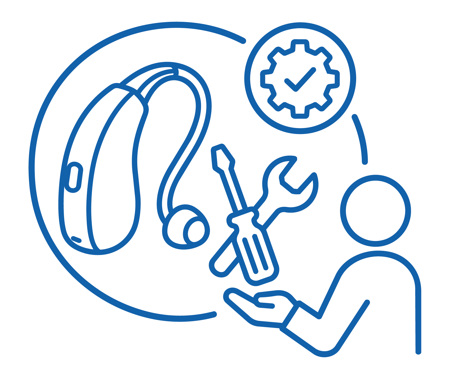 Outline of a mechanic's tools, a gear with a check mark, and a hand with a wrench, all within a circular border, representing maintenance and repairs.