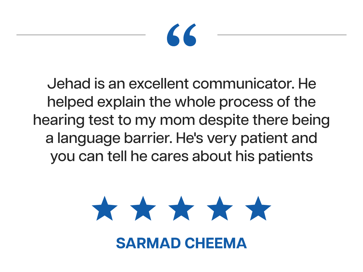 Testimonial praising Jehadd for excellent communication and patience, with five blue stars and the name Sarmad Cheema.