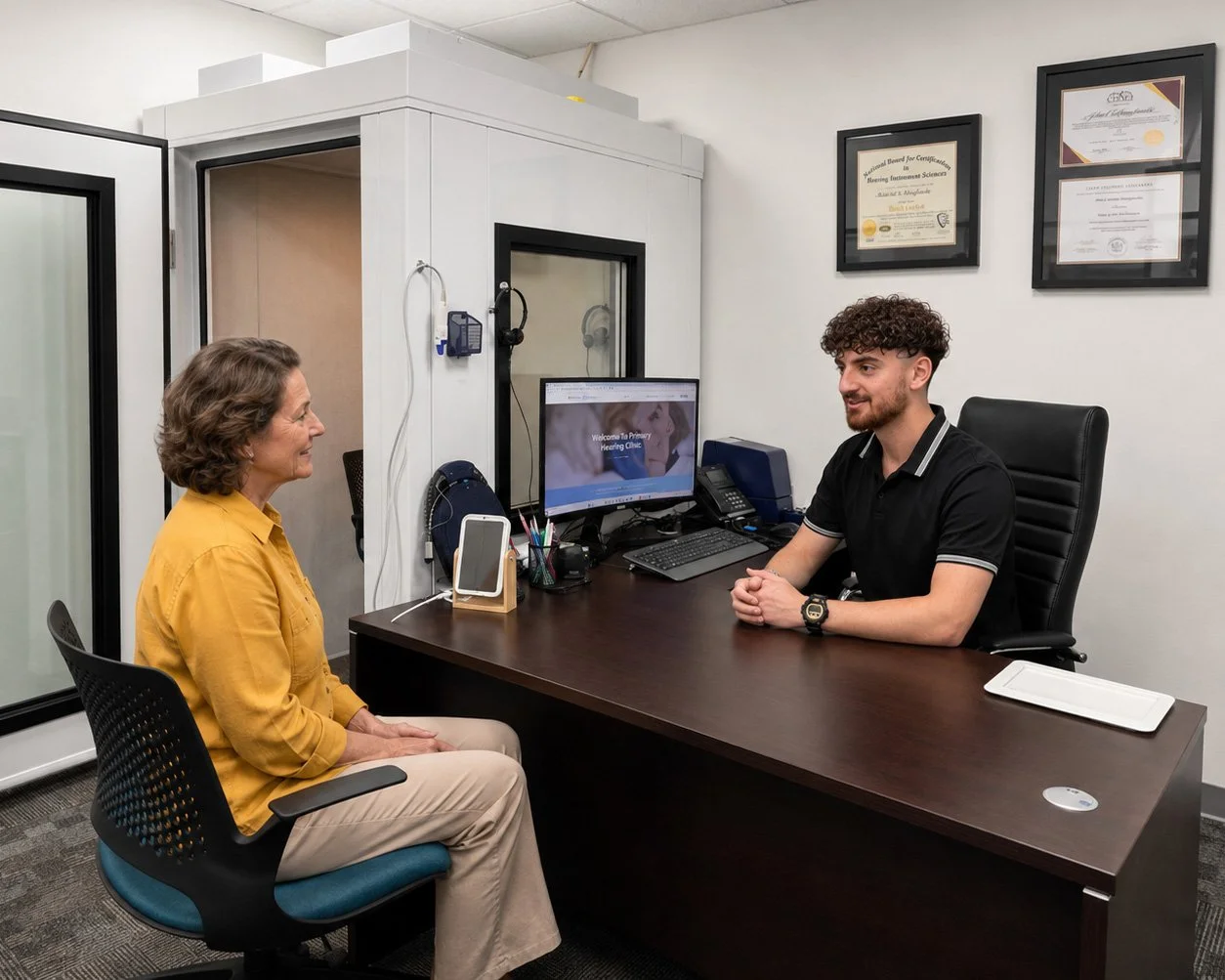 A woman and a man having a consultation at a hearing clinic. The woman is seated across from the man at a desk, and they are smiling and talking.