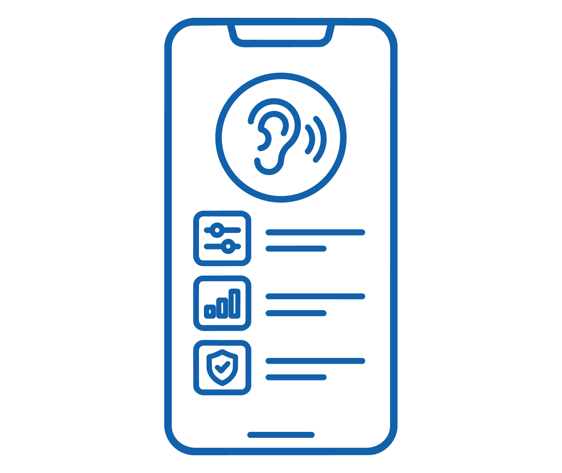 Line drawing of a smartphone with sound wave and ear icon, control sliders, bar chart, and shield icons on its screen.