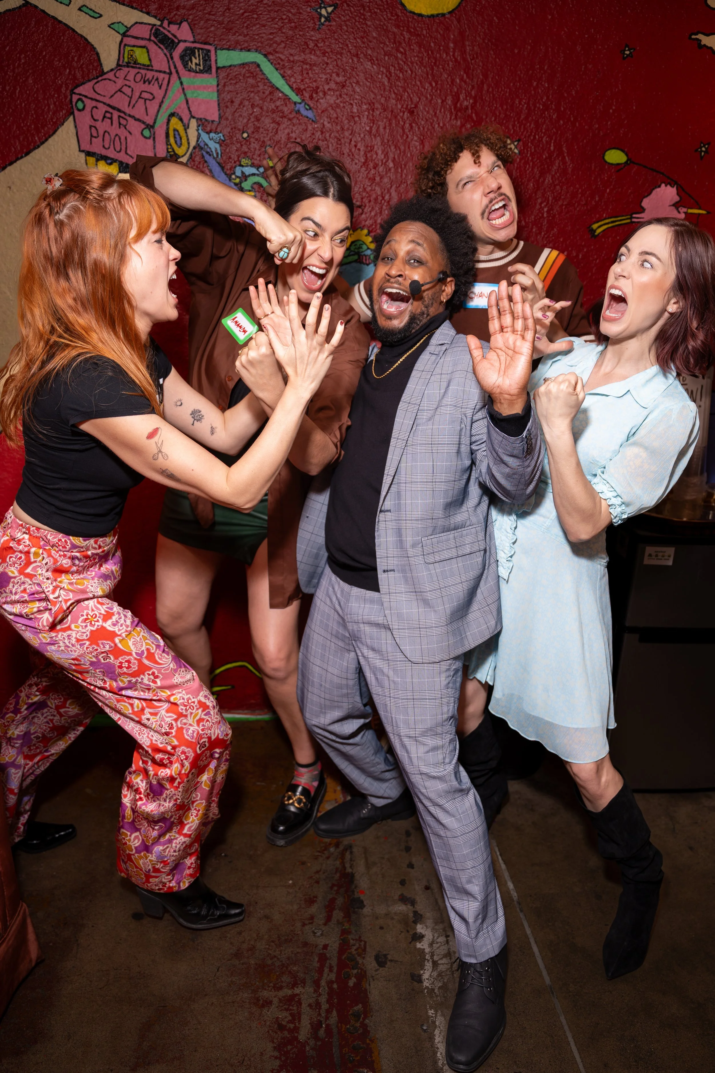 Cast portrait of Jacquis Neal, Becca Scott, Amanda Lehan-Canto, Chanse McCrary, and Katherine McCafferty backstage before a live comedy show at UCB Franklin in Los Angeles.