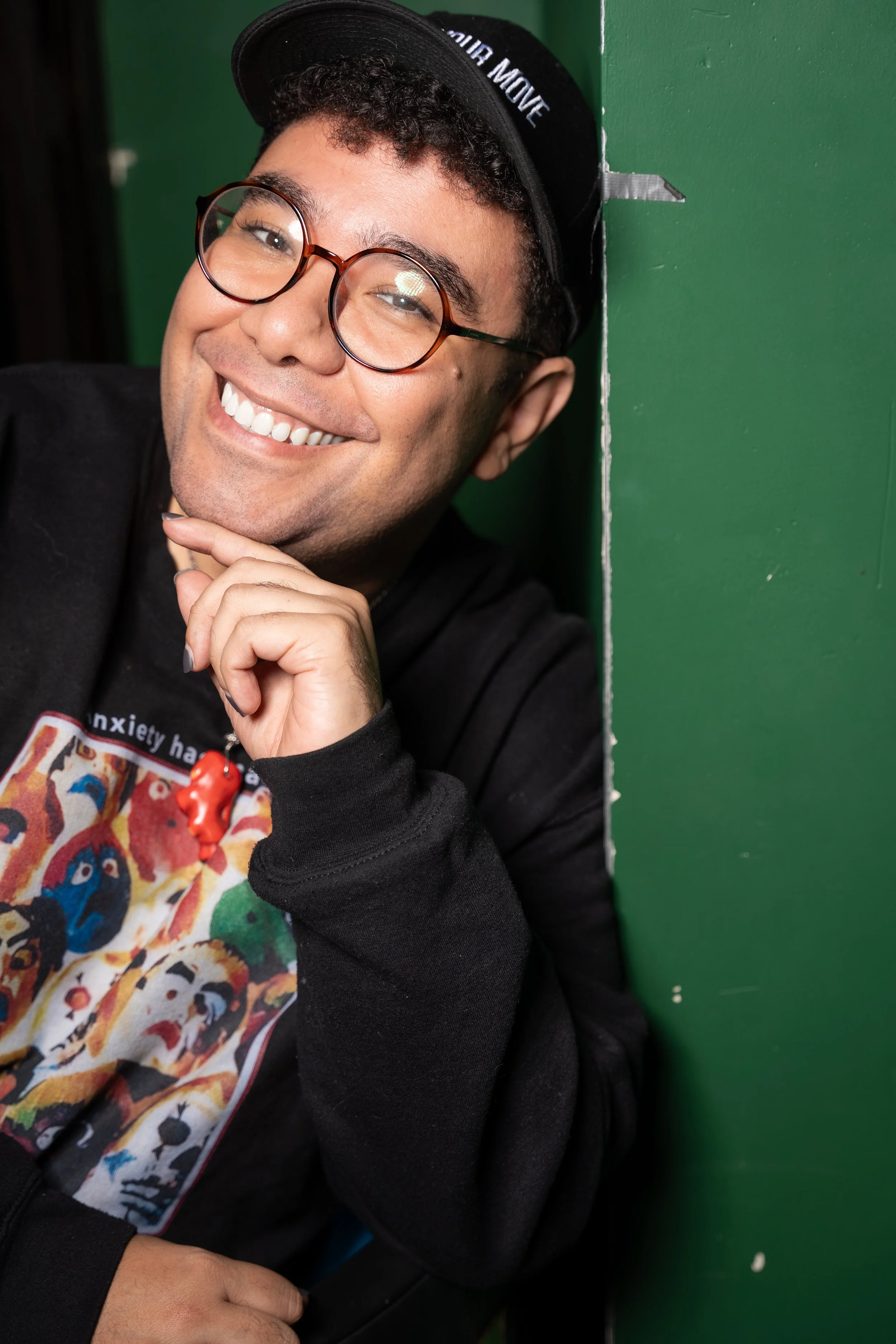 Green room portrait of Oscar Montoya backstage before a live comedy show at UCB Franklin in Los Angeles.