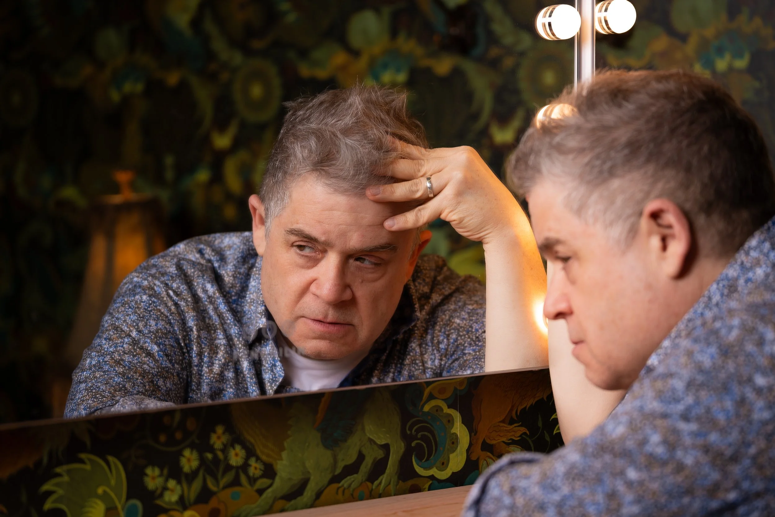 Green room portrait of Patton Oswalt backstage before a live comedy show at UCB Franklin in Los Angeles.