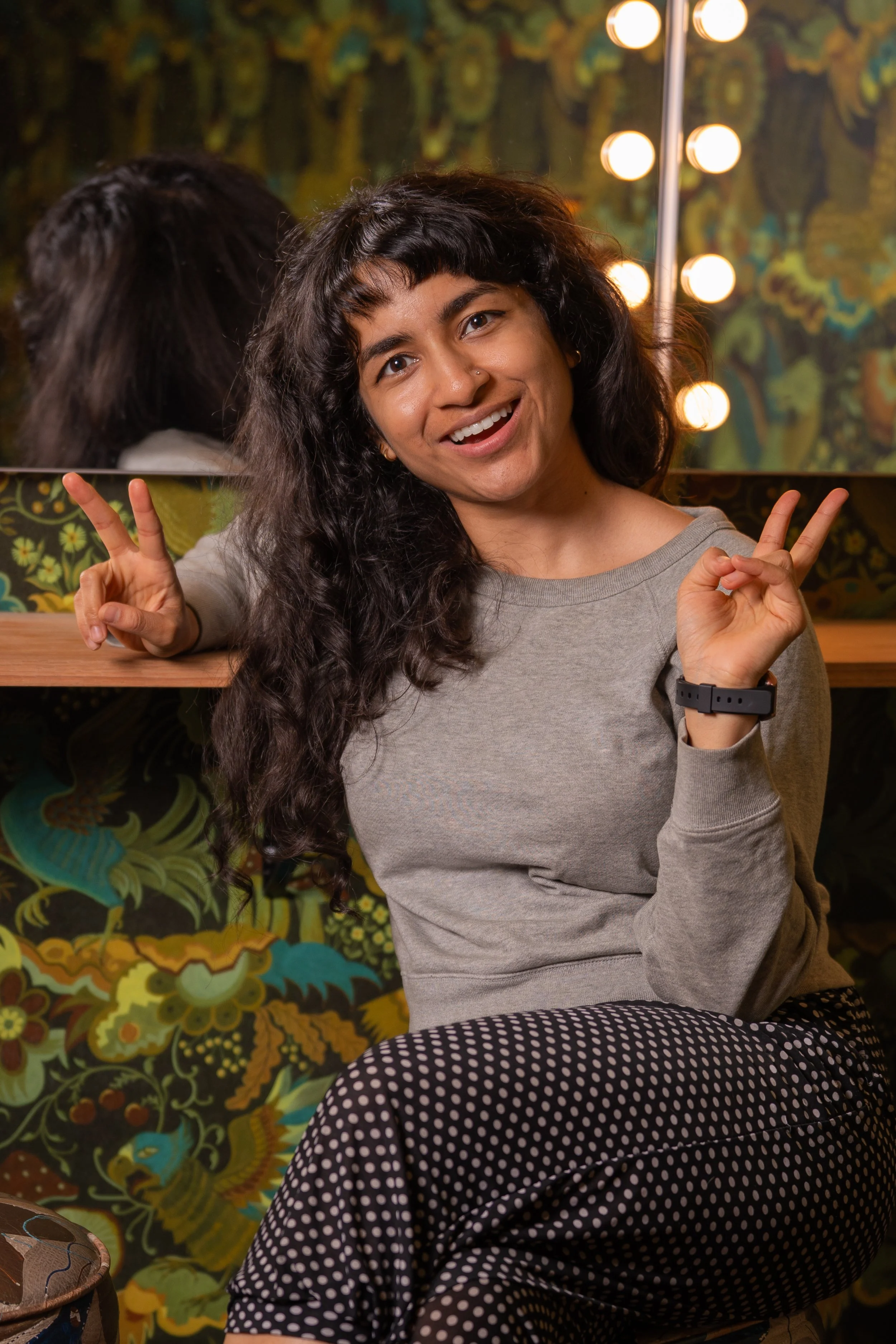 Green room portrait of Rekha Shankar backstage before a live comedy show at UCB Franklin in Los Angeles.
