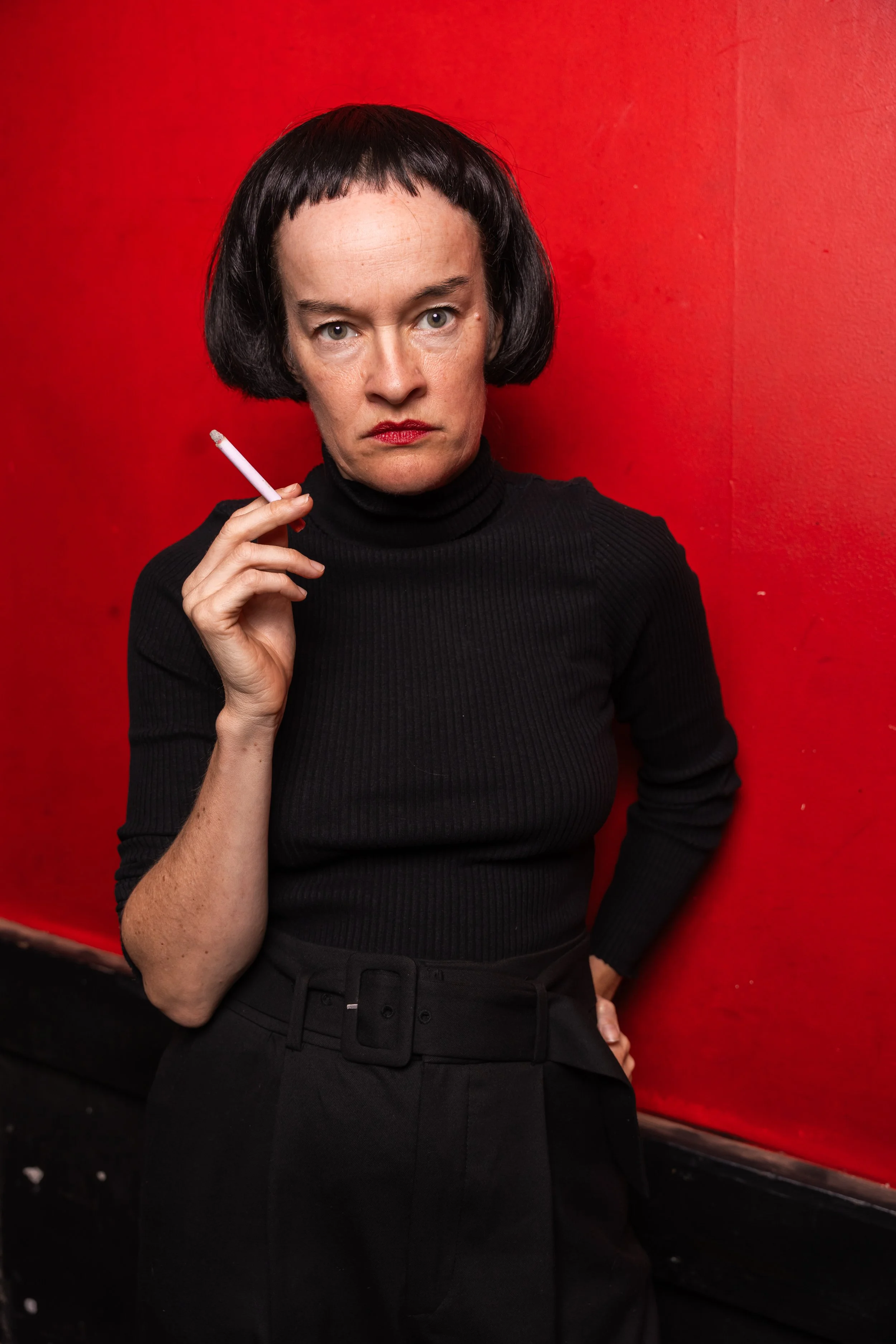 Backstage portrait of Kara Morgan backstage before a live comedy show at UCB Franklin in Los Angeles.