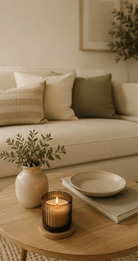 Living room with a beige sofa with pillows, a small round wooden coffee table holding a vase with greenery, a lit candle in a glass holder, and a stack of books or magazines.