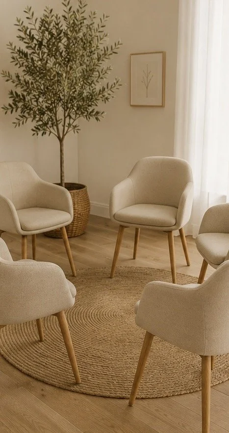 A cozy living room corner with four beige armchairs arranged in a semicircle on a round woven rug, a potted olive tree in a wicker basket, and a framed minimalist botanical print on the wall near white curtains.