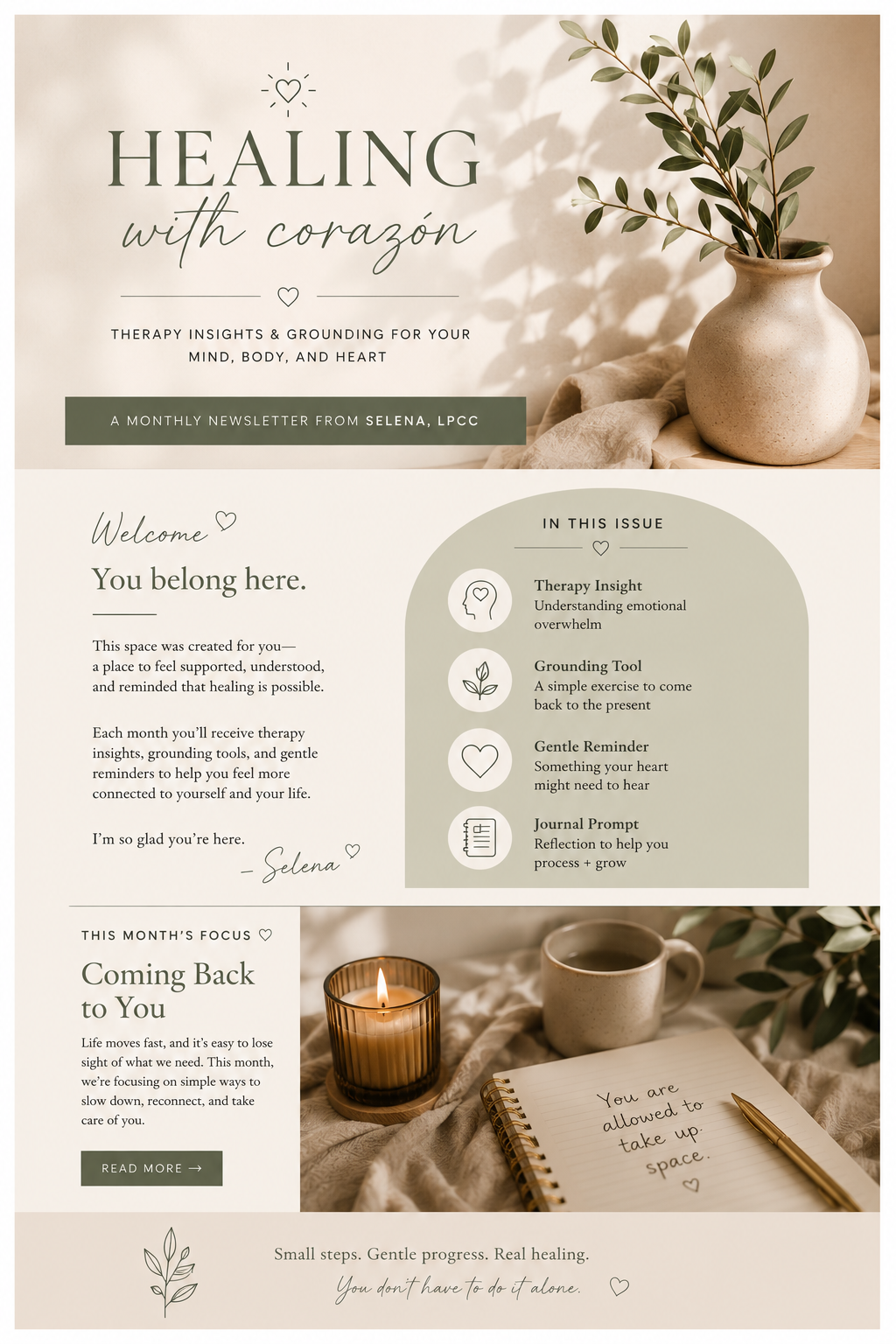 A newsletter titled 'Healing with corazón' from Selena, LPCC, featuring a beige and green color scheme. The top right shows a vase with green leaves. The newsletter contains sections about therapy insights, grounding tools, gentle reminders, journal prompts, and a focus on slow, healing progress. There is an image of a lit candle, a cup of tea, and a notebook with a message that says, 'You are allowed to take up space.'