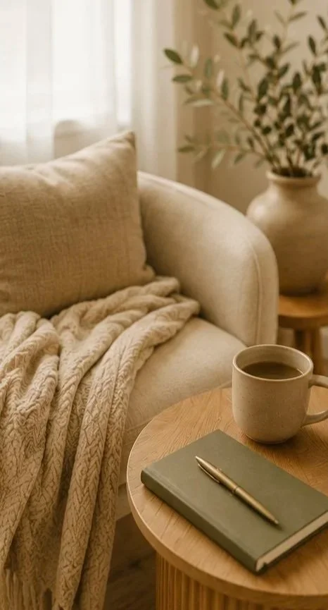 Close-up of a cozy living room corner with a beige sofa, a beige blanket, a wooden side table with a closed notebook and a pen, a coffee mug, and a large potted plant in the background.