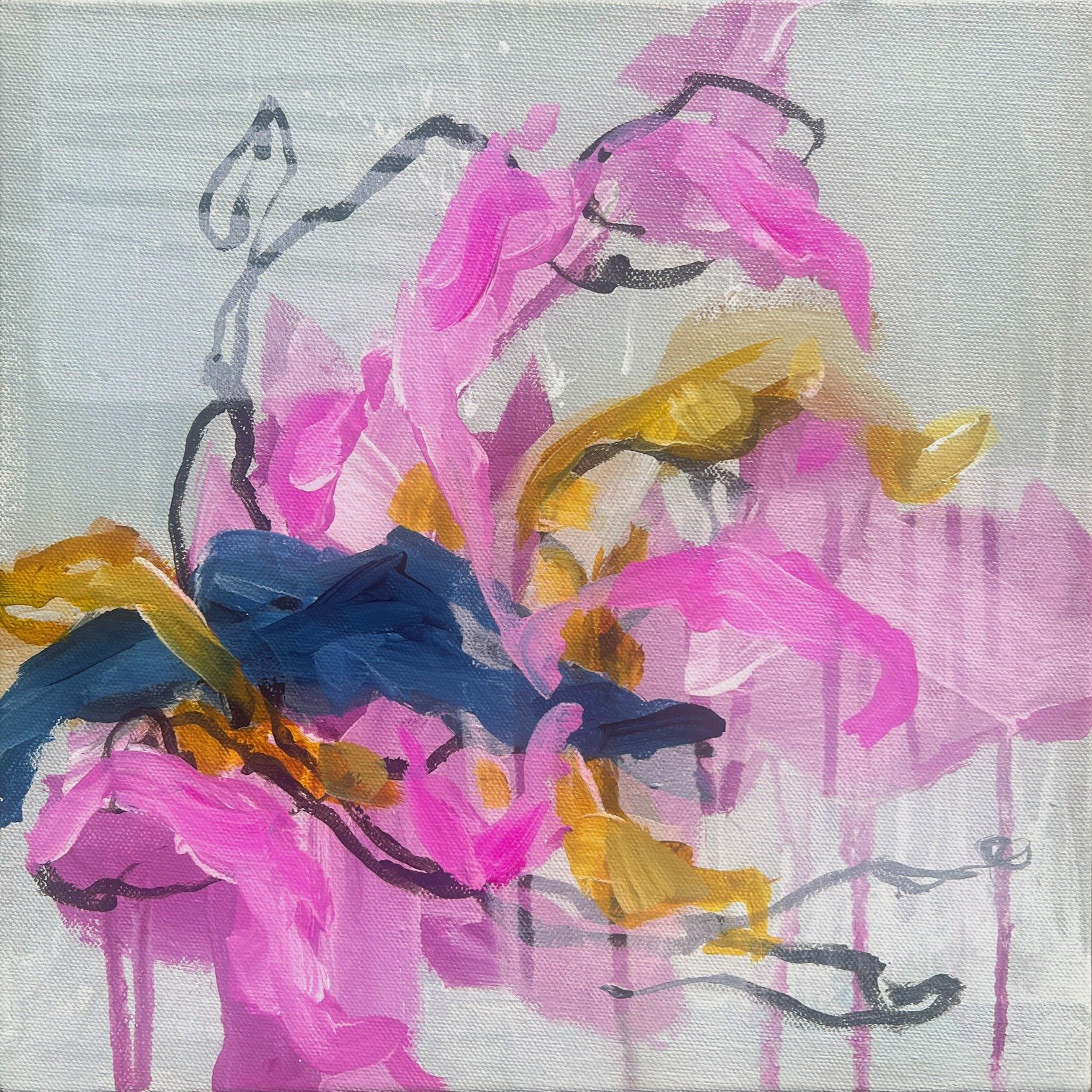 Gentle, silky whispers of pink, gold &amp; indigo on a gray background. This is one of a small series of two 12x12" square acrylic paintings on canvas. 

#abstractexpressionism #artistsofinstagram #HomeDesignArt #artcollector #abstractart