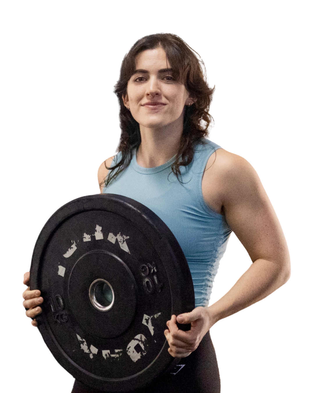 Woman in blue sleeveless top lifting a weight plate.