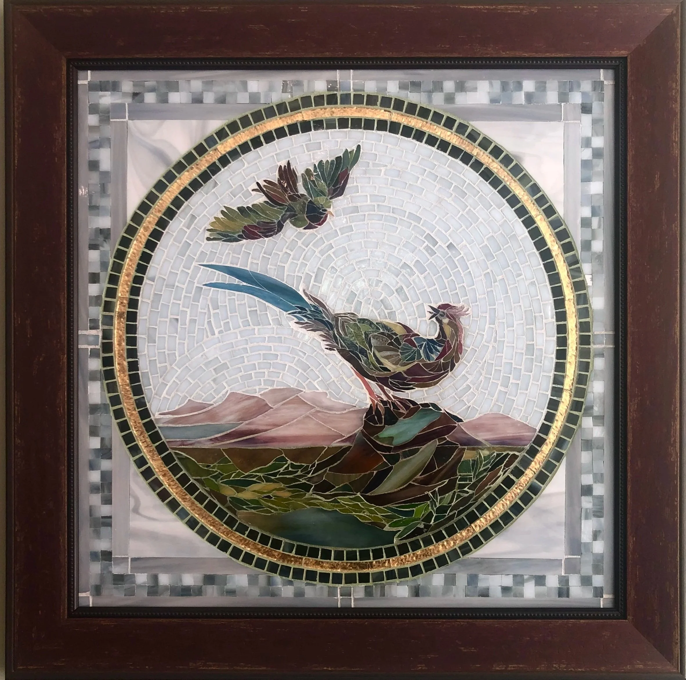 Braschi Birds, 2024, 19"x19", Stained Glass, Gold Leaf and Grout