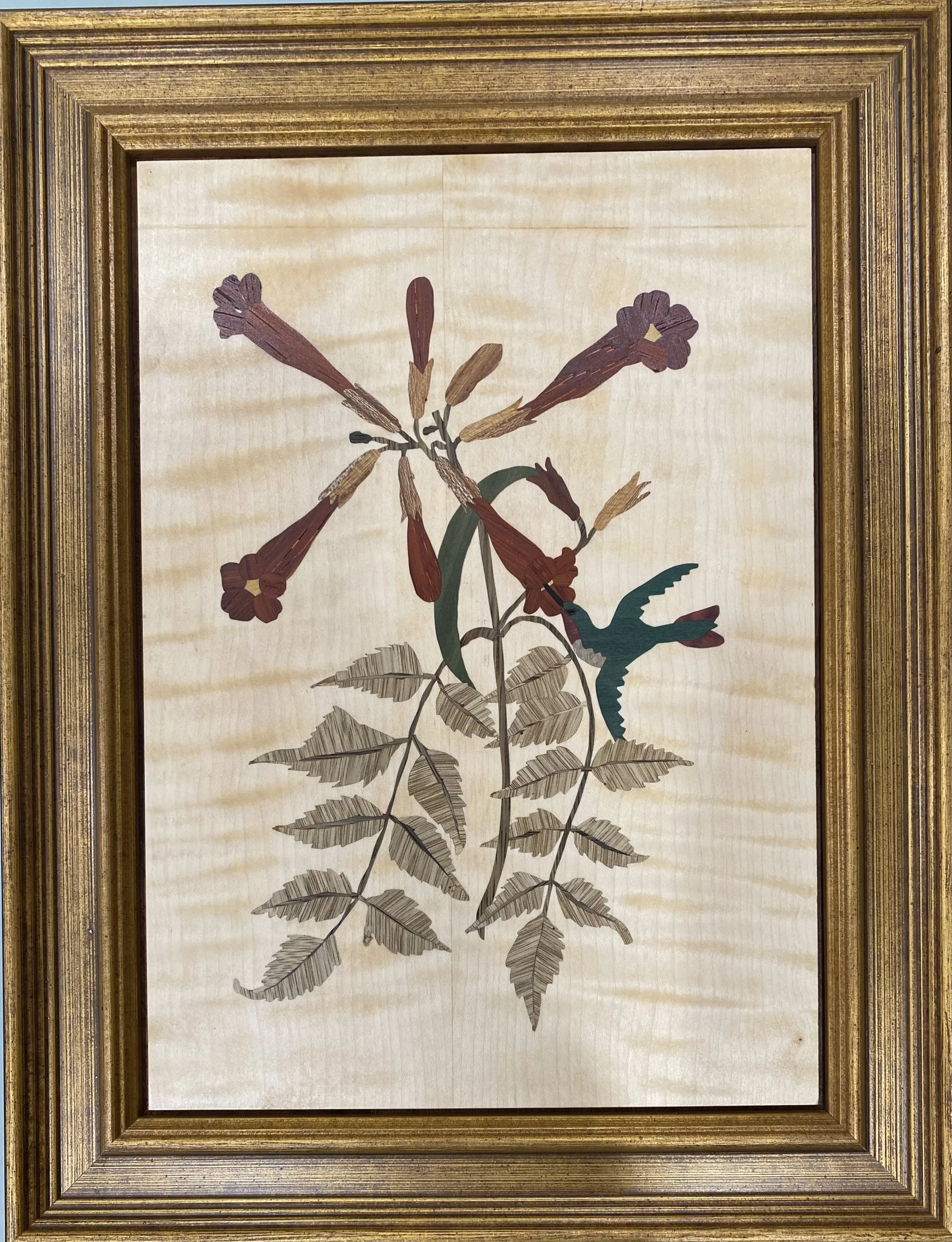 The Hummmingbird and the Trumpet Flower, 2024, 12"x16", Wood and Dyed Veneers, Inspired by Mark Catesby