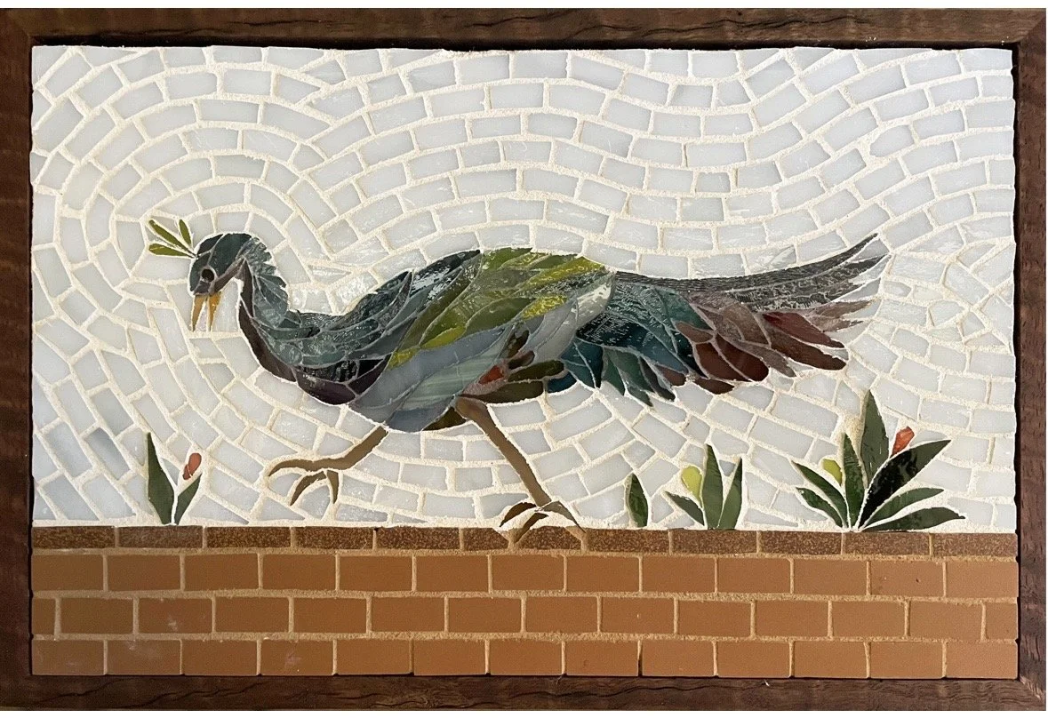 Bird on a Wall, 21"x18", Stained Glass and Porcelain