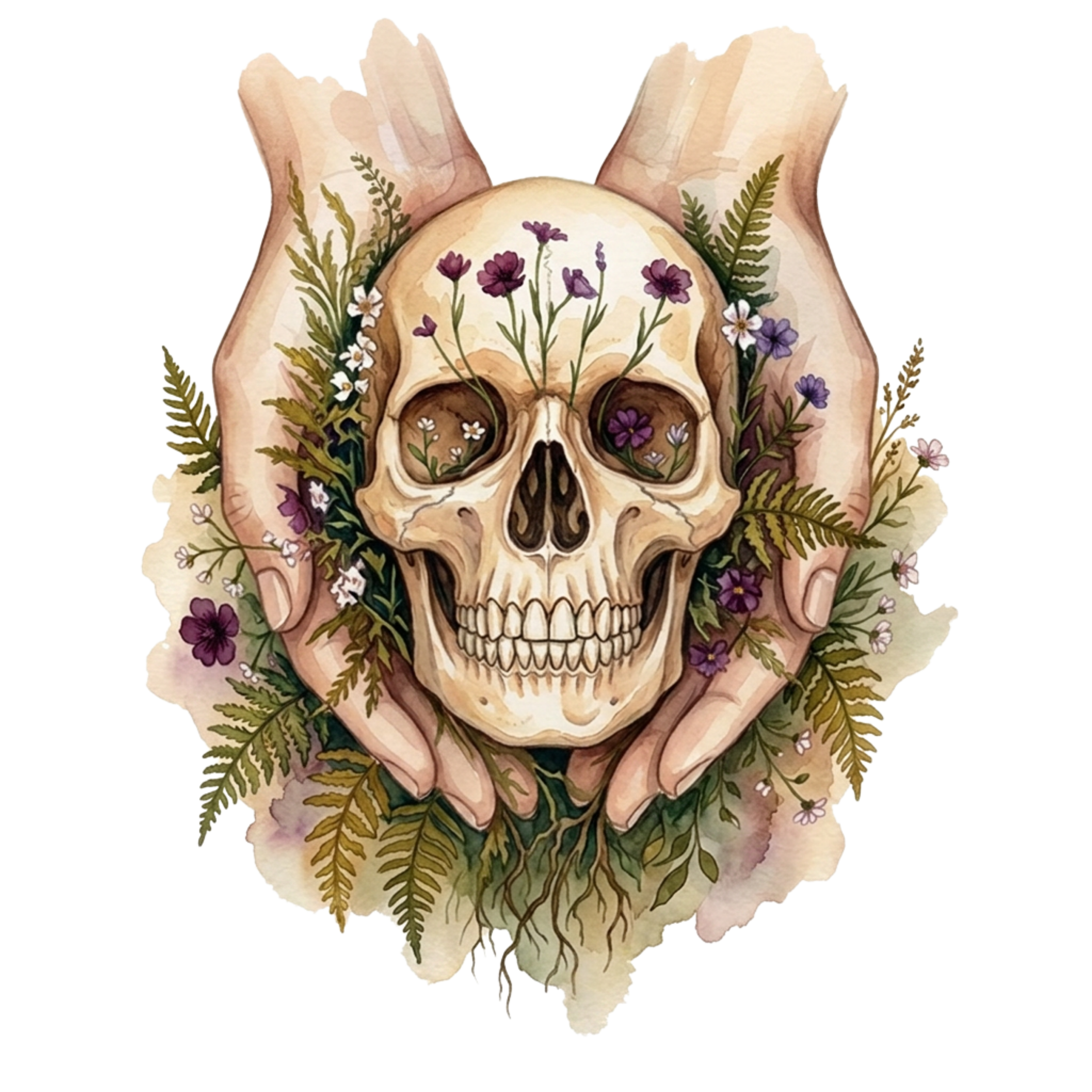 Watercolor skull surrounded by flowers and held by hands.
