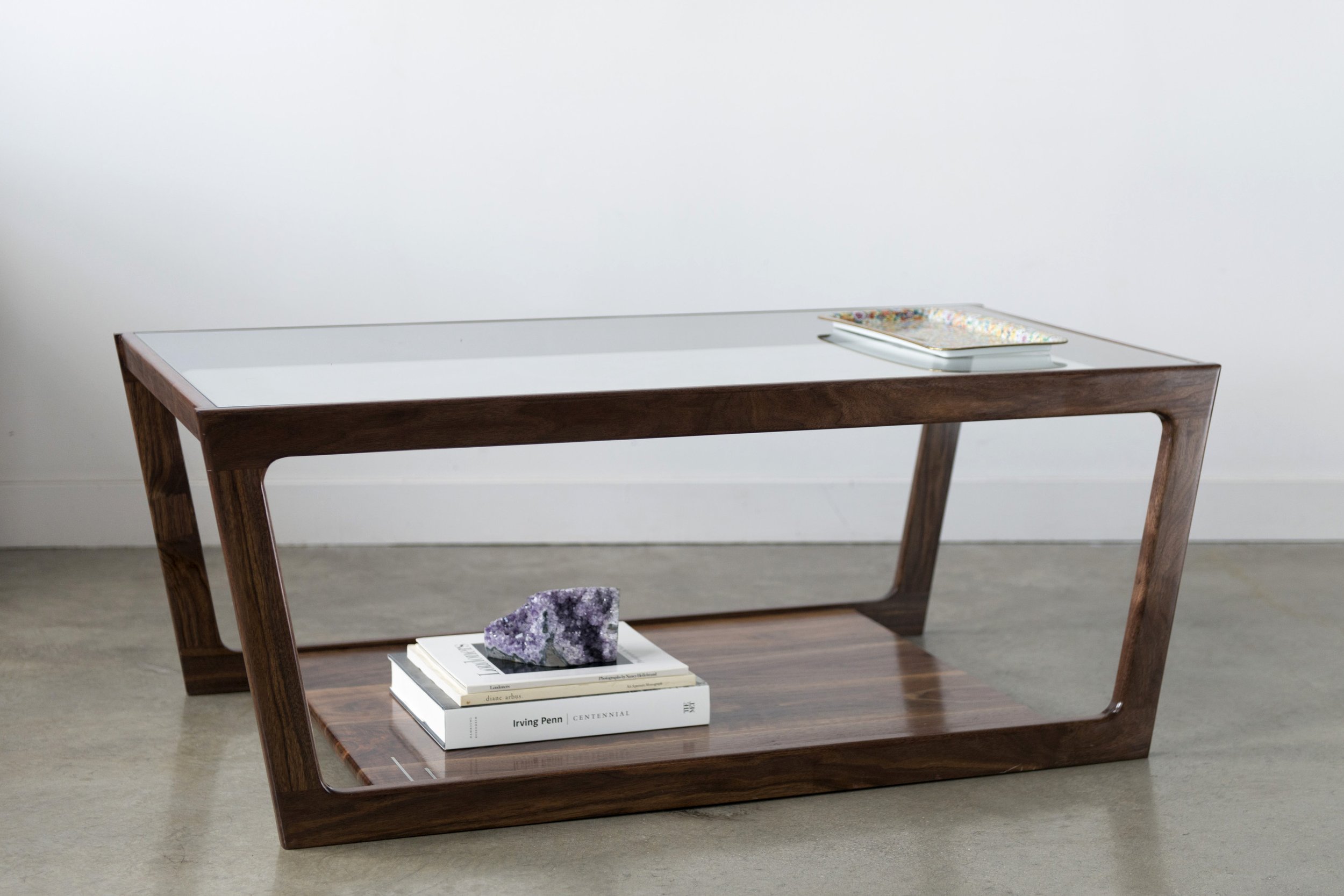 Solid walnut, coffee table with a tempered glass top, hand-built to order in Philadelphia. Local delivery included; freight quoted.