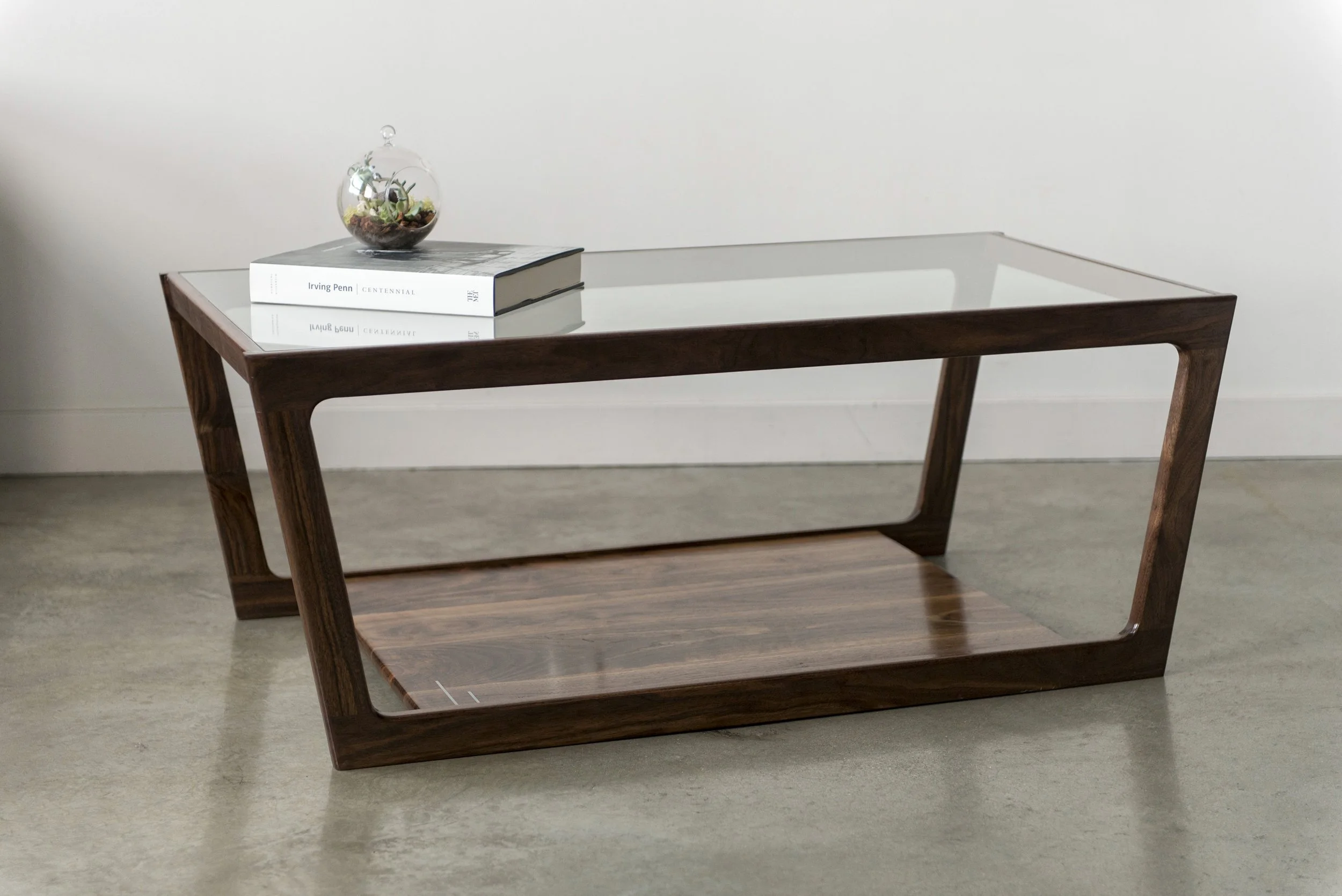 Solid walnut, coffee table with a tempered glass top, hand-built to order in Philadelphia. Local delivery included; freight quoted.