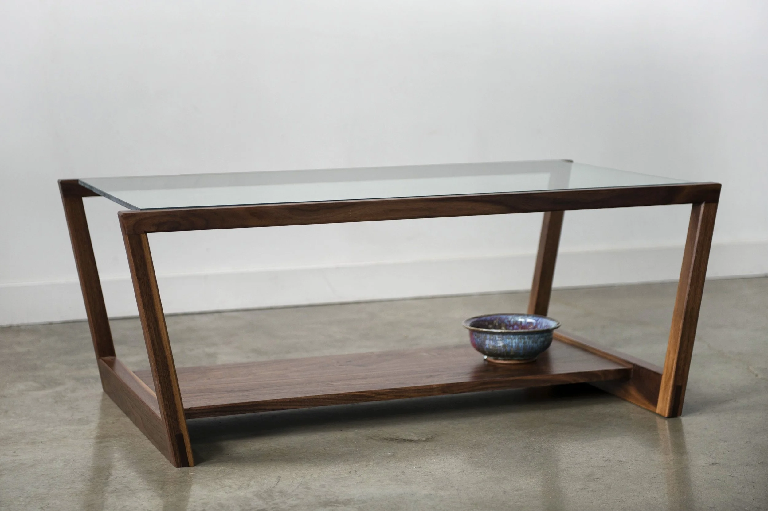Solid walnut, coffee table with a tempered glass top, hand-built to order in Philadelphia. Local delivery included; freight quoted.