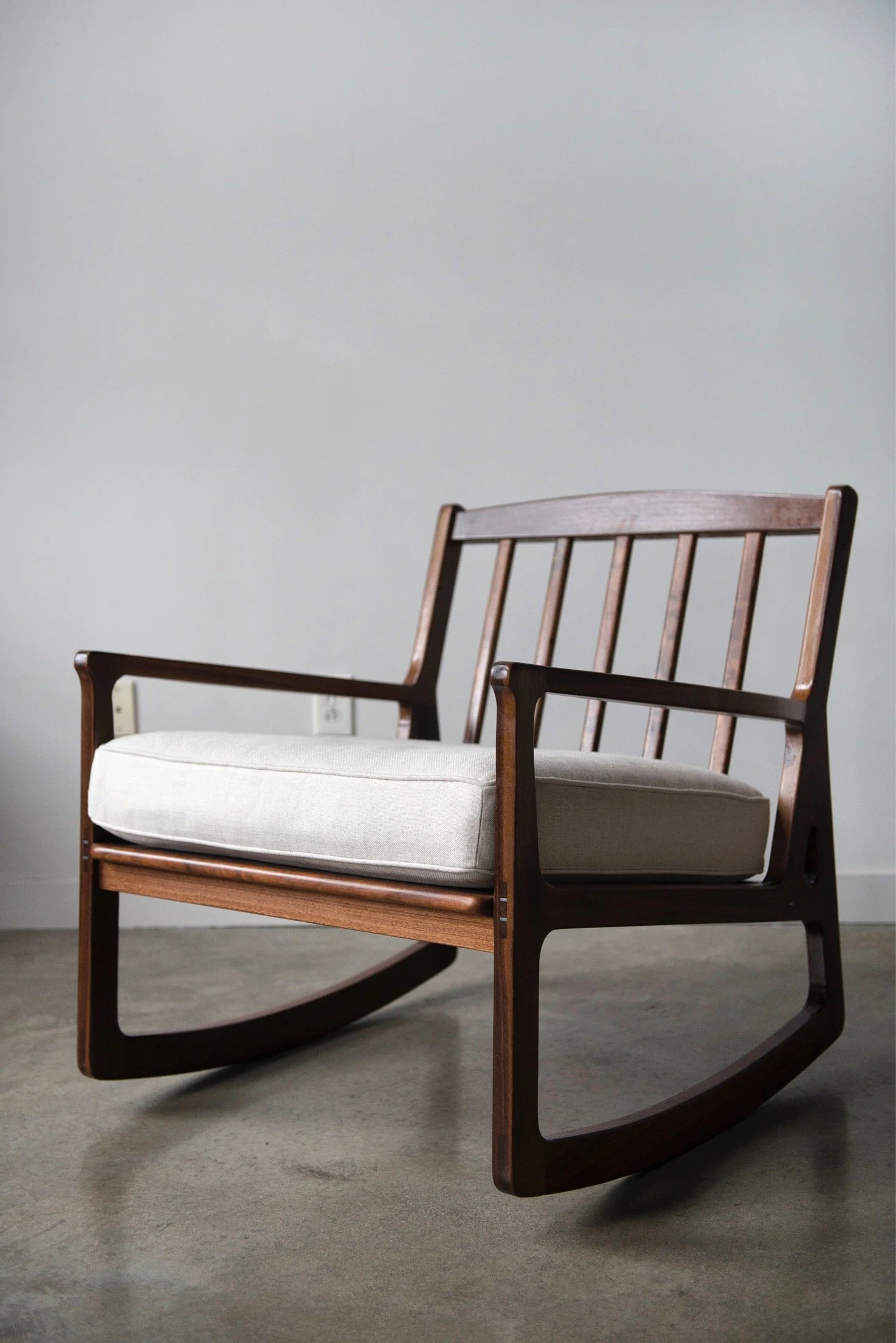 Custom made to order Danish modern rocking chair with linen cushions, natural walnut