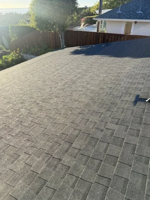 A close-up view of a gray shingled roof with sunlight reflecting off the tiles, overlooking neighboring houses and trees.