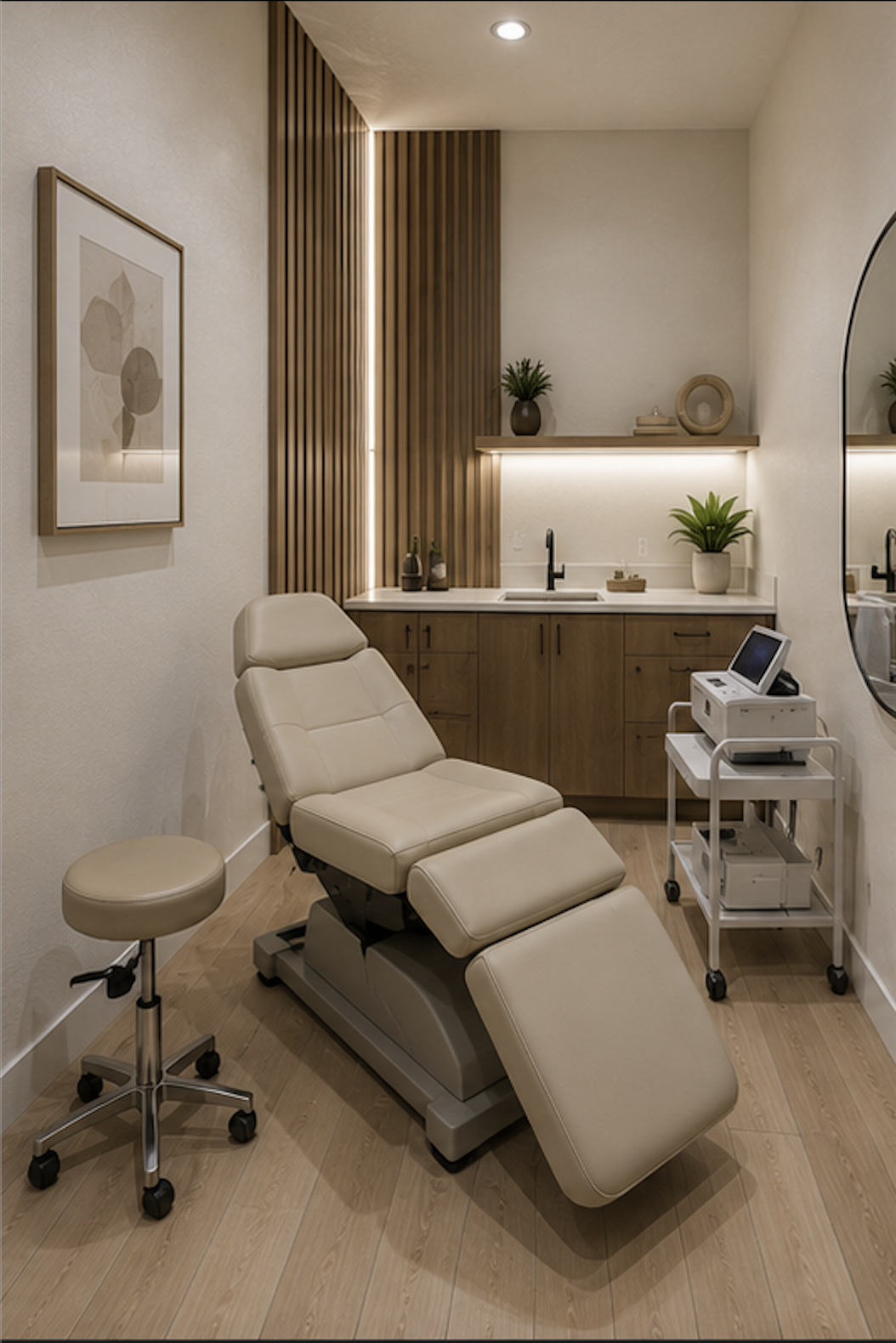Medical treatment room with beige reclining chair, wooden cabinets, plant decor, medical equipment on a rolling cart, and soft lighting