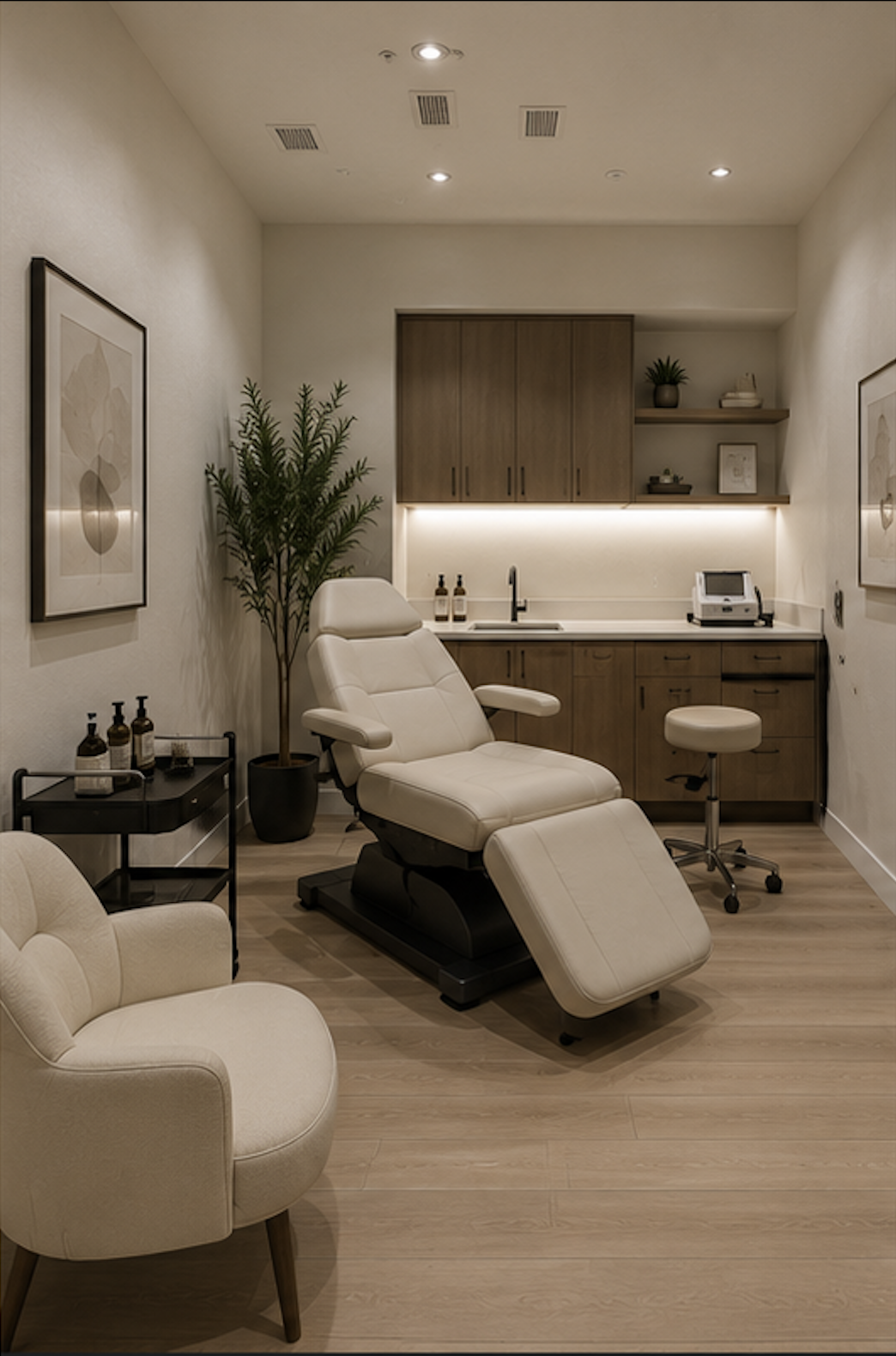 A modern medical or spa treatment room with a white reclining chair, a small cream armchair, a side table with bottles, a large potted plant, and built-in wooden cabinets with a countertop, sink, and medical equipment, illuminated by recessed ceiling lights.