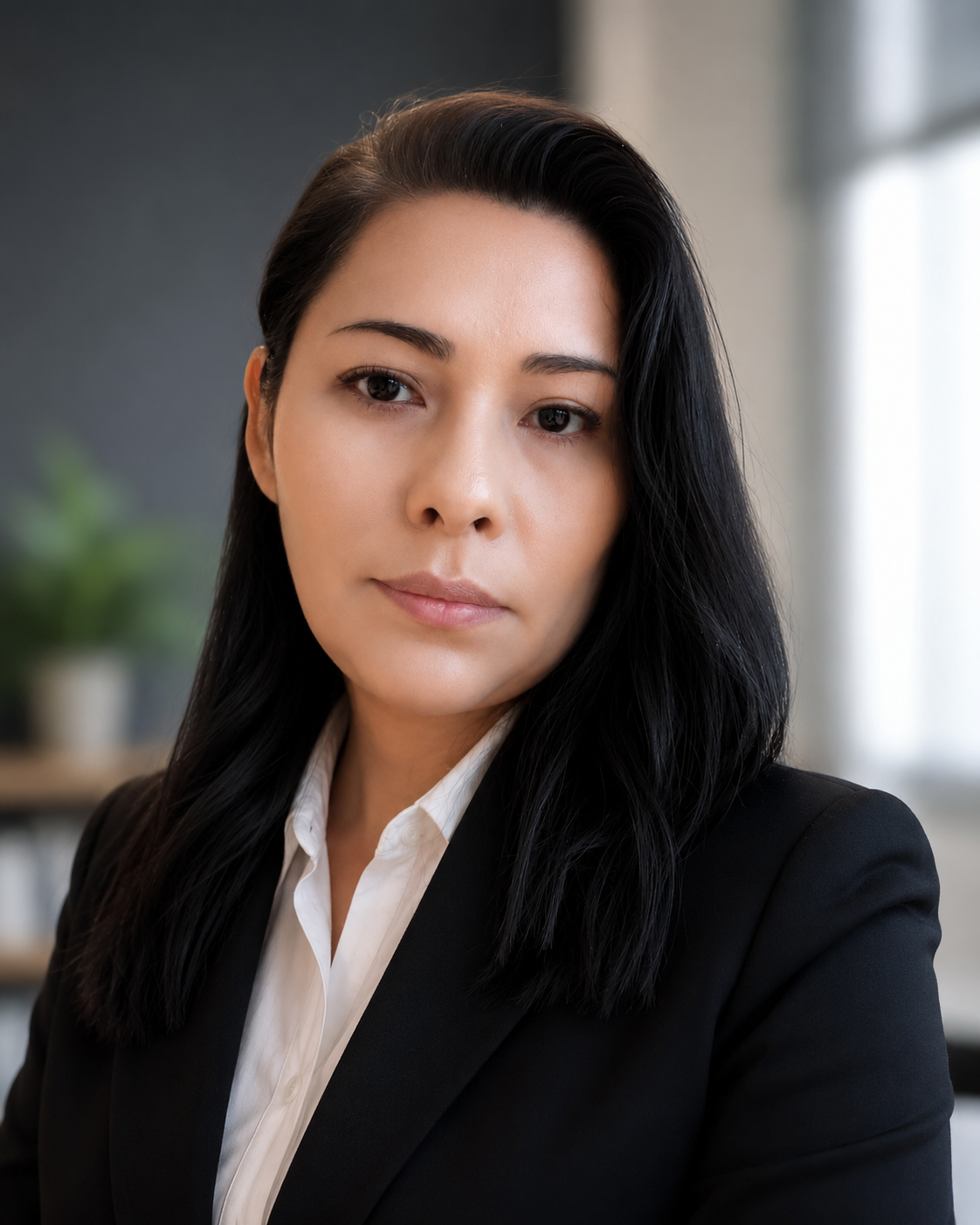 A woman with black hair and light skin wearing a black blazer and white shirt in an indoor setting.