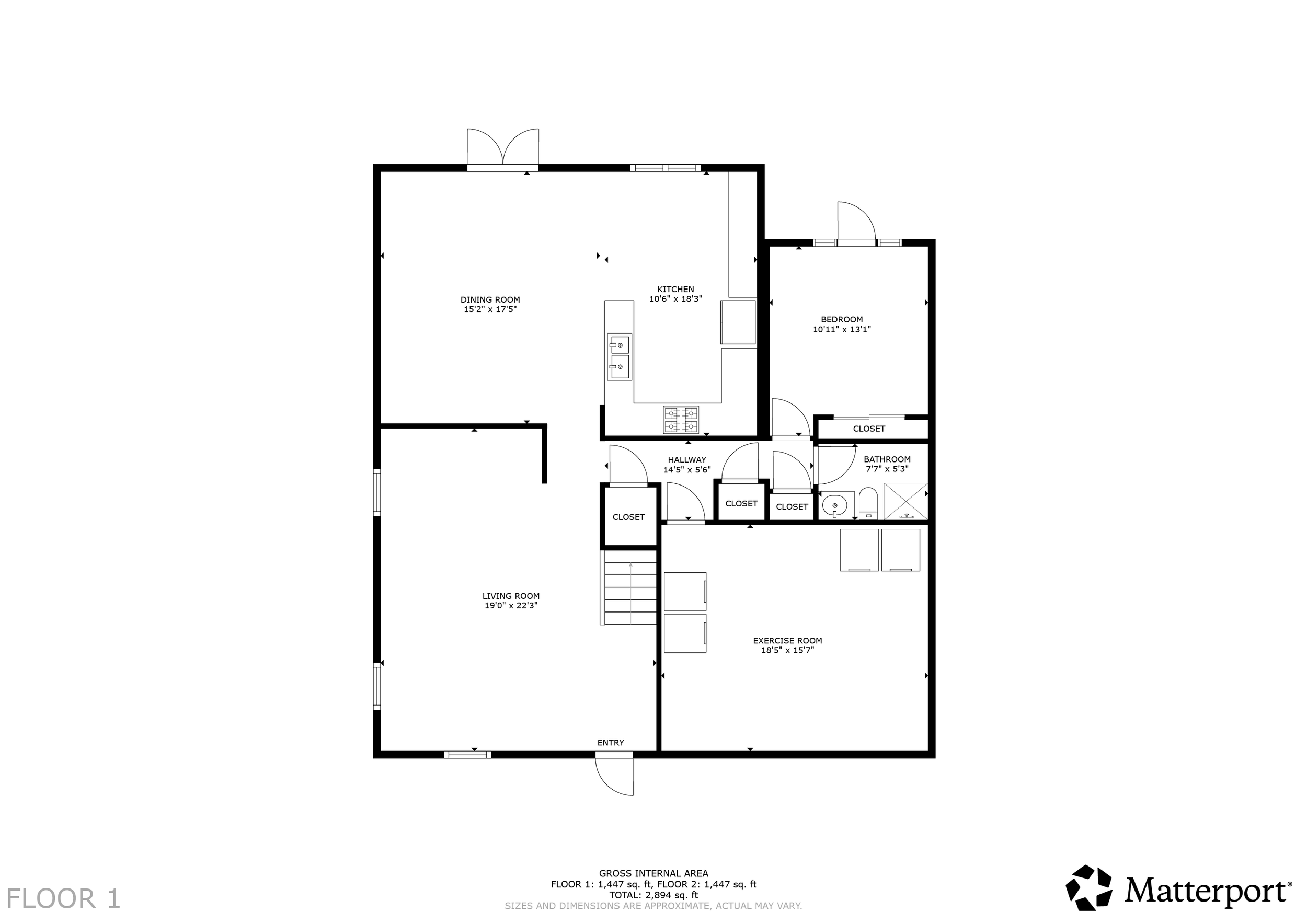 Floor 1 plan — living, kitchen, garage gym