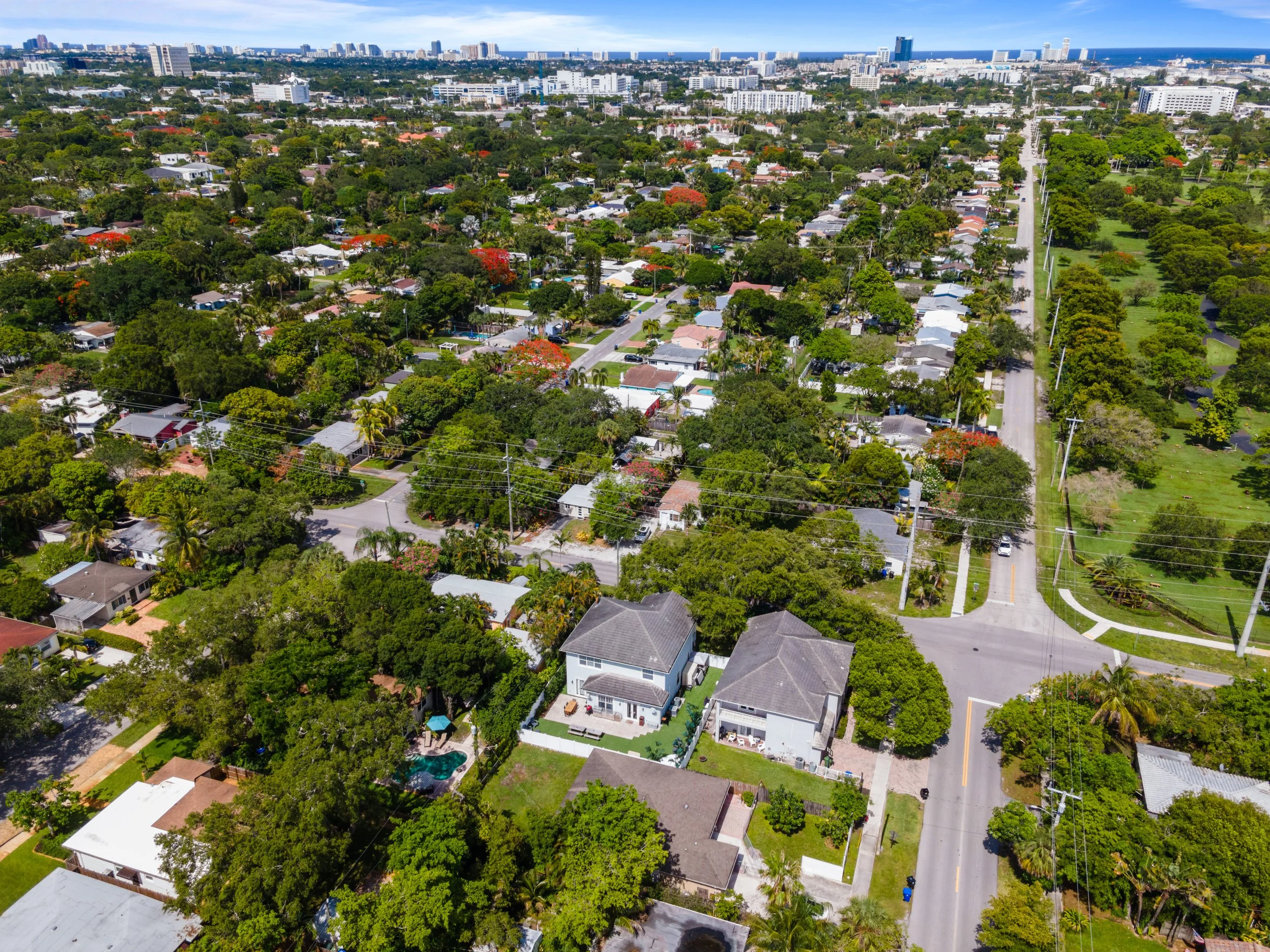 Aerial view of a suburban neighborhood with houses, trees, a street with cars, and a city skyline in the background under a blue sky.
