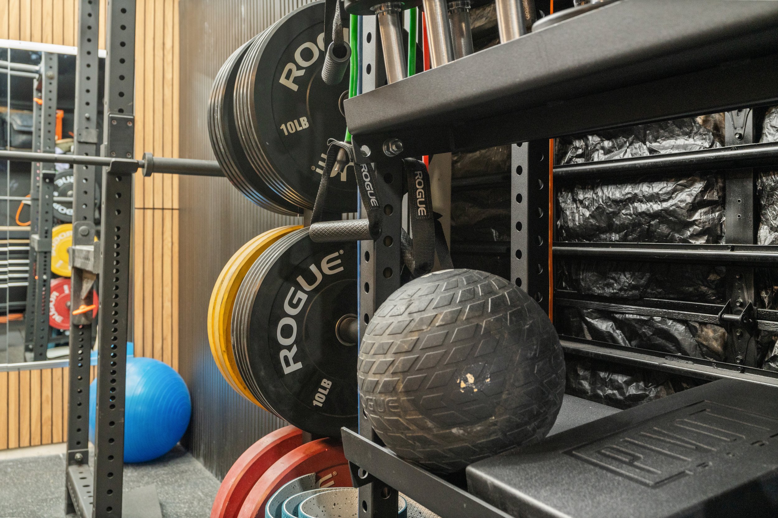 A gym storage rack holding black weight plates with 'ROGUE' and '10LB' markings, a large black medicine ball with a textured surface, and black plastic storage bins with black crumpled paper.