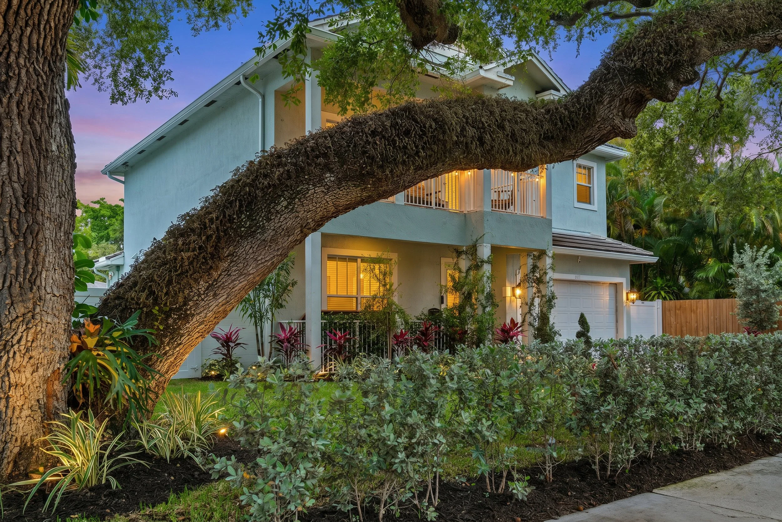 A two-story house with a front porch, visible through lush greenery and a large tree with thick branches in the foreground, during early evening with internal lights on.