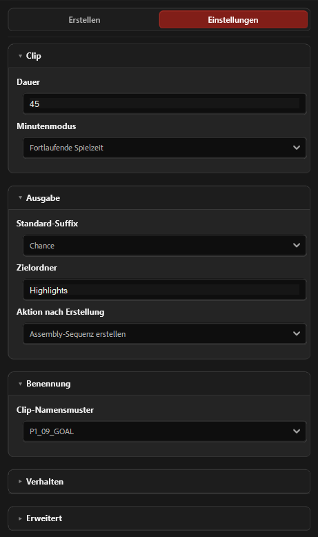 Benutzerschnittstelle für Videoaufnahme mit Einstellungen für Dauer, Modus, Ausgabe, Zielordner, Aktion, Benennung, Verhalten und Erweiterungen.