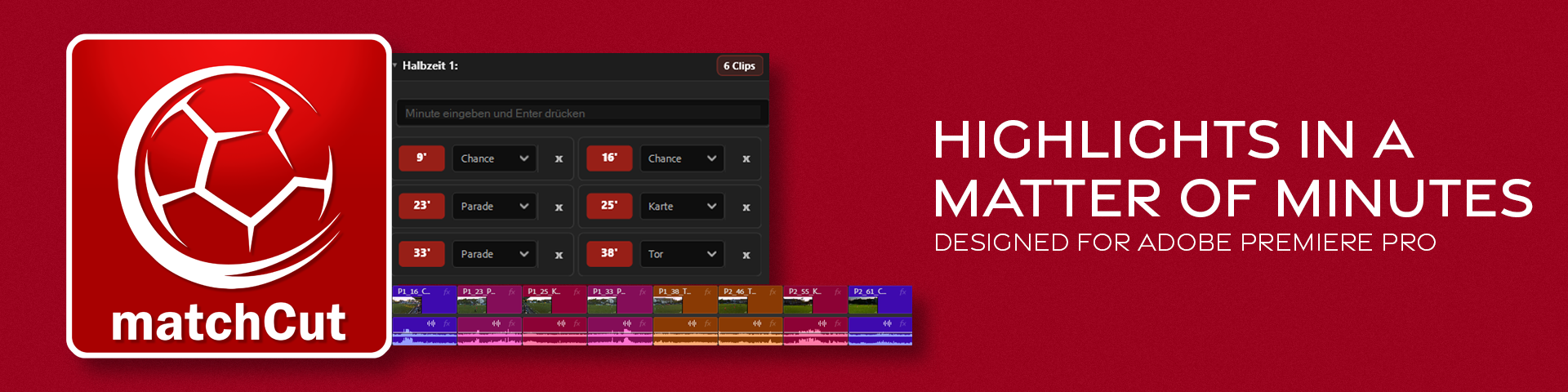 Screenshot eines Videobearbeitungsprogramms mit matchCut-Logo und Text.