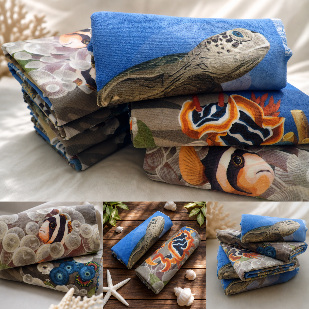 Stack of folded towels with ocean and marine life designs, including a turtle and clownfish, arranged on a table and a bed.