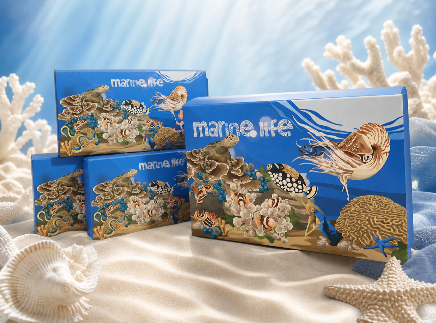 Three blue boxes labeled 'marine life' with underwater sea creatures illustrations, placed on a sandy surface with coral, seashells, and starfish around.