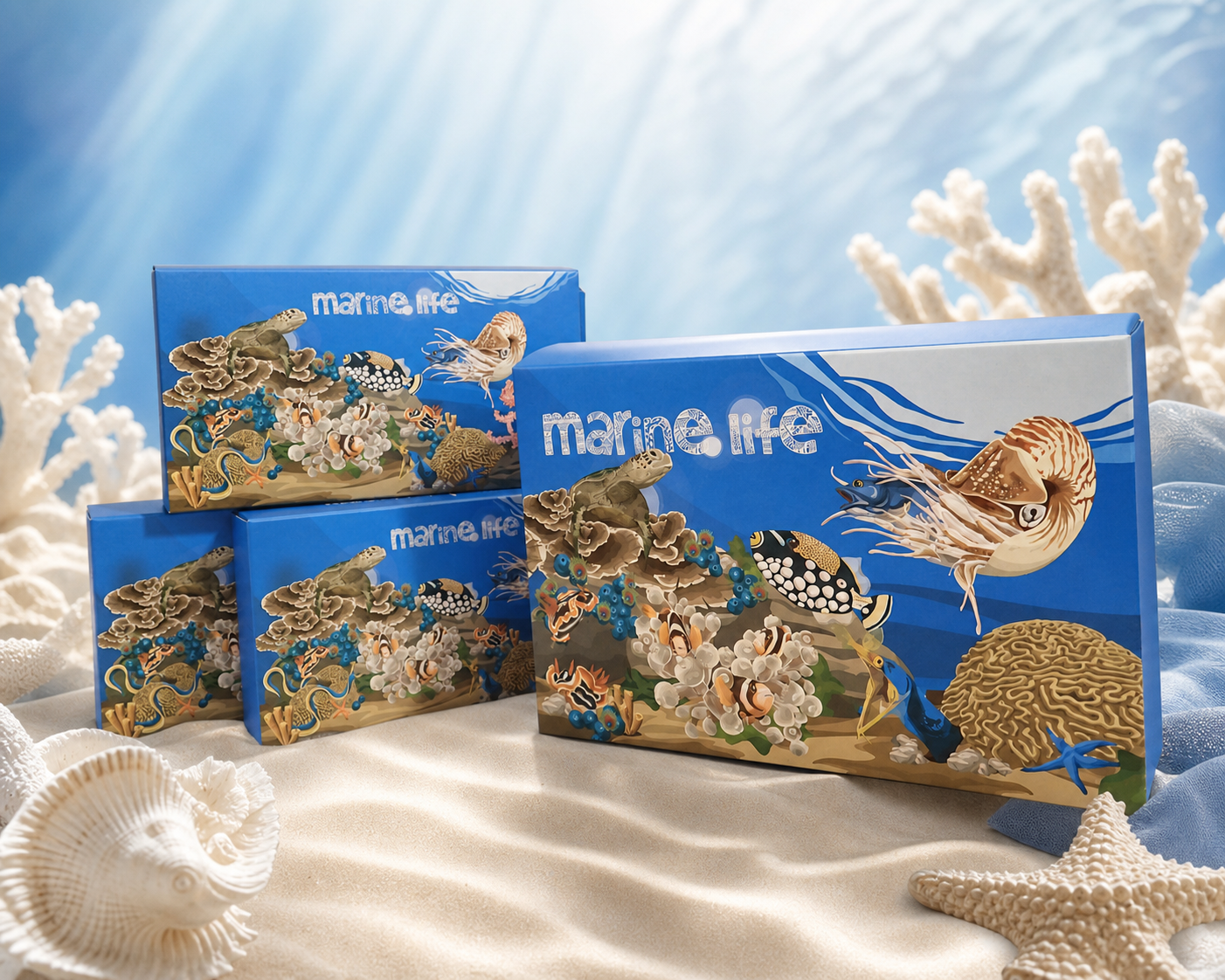 Boxes of chocolate or snack products with ocean-themed illustrations, including fish, coral, sea turtle, and jellyfish, on a sandy beach with seashells and coral decorations.