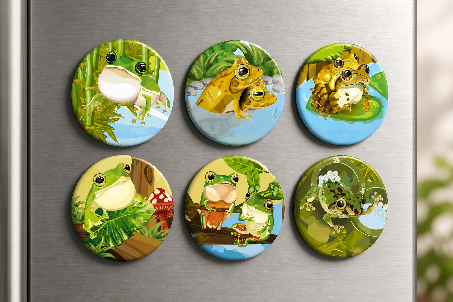 Six colorful round magnets with cartoon images of frogs and toads, each on a water or jungle background, attached to a metallic surface.