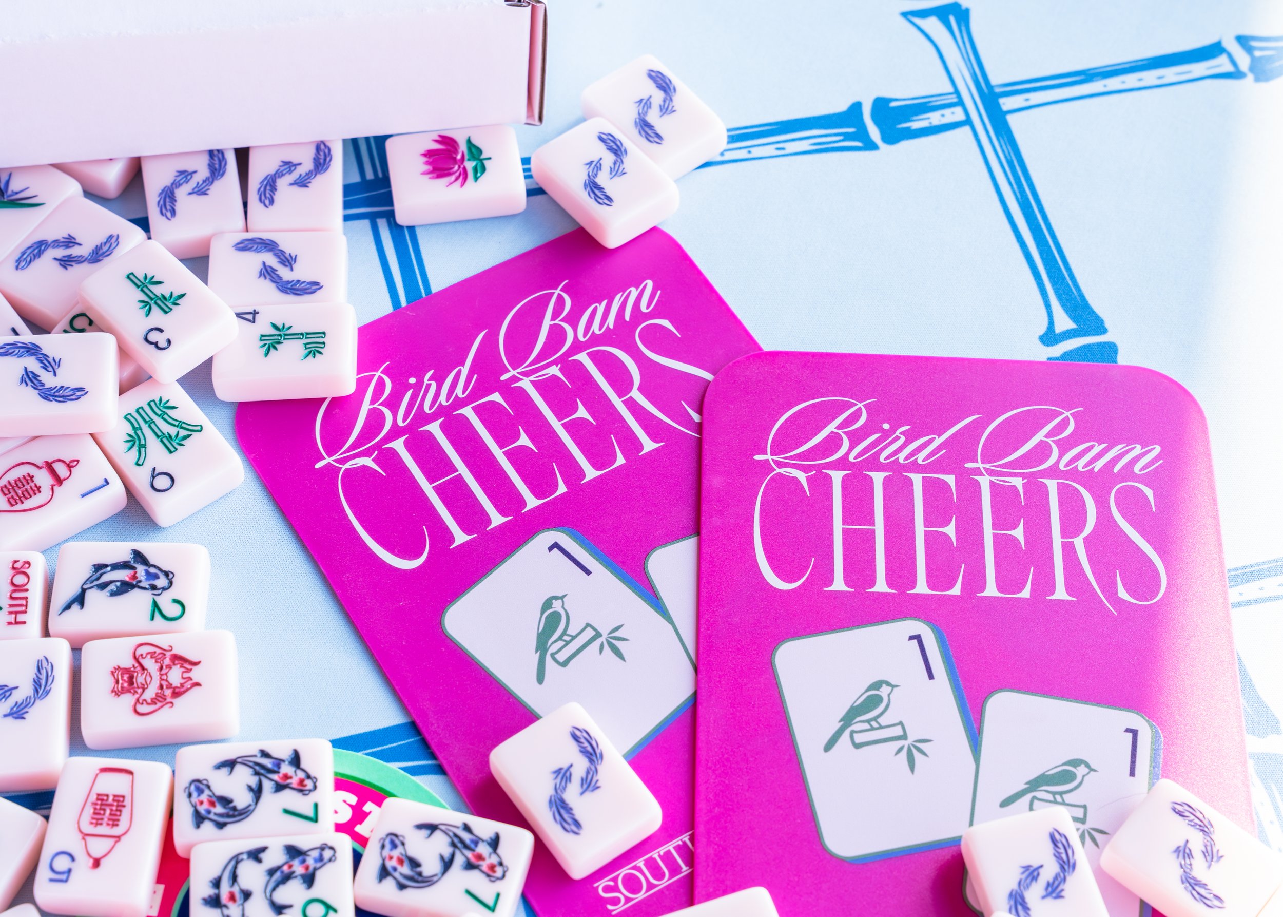 A close-up of a bird-themed card game called 'Bird Bum Chelsea' with colorful domino-like tiles featuring bird illustrations, set on a light blue surface with game instructions.
