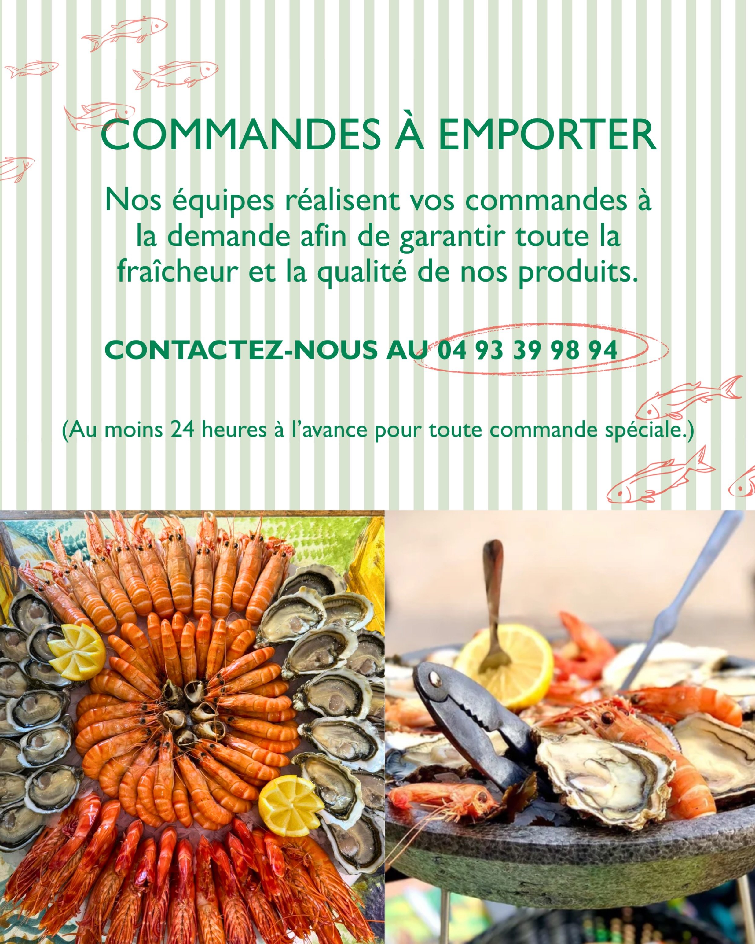 🦐 Vous choisissez, on pr&eacute;pare, vous profitez ! 
Plateaux de fruits de mer, sp&eacute;cialit&eacute;s maison ou commandes sur mesure&hellip; Un petit coup de fil et notre &eacute;quipe s&rsquo;occupe du reste ✨
-
📞 04 93 39 98 94
🕒 Pensez &a