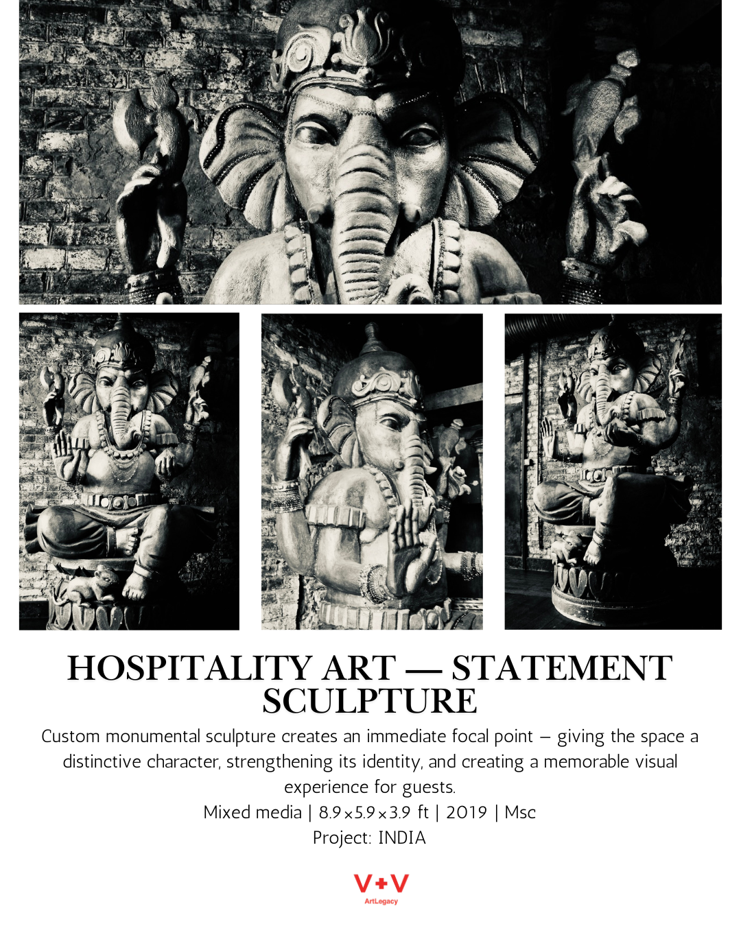 Black and white collage of four sculptures of Hindu deity Ganesha with an elephant head, seated with crossed legs, hands in various mudras, adorned with jewelry and a crown, set against a brick wall background.