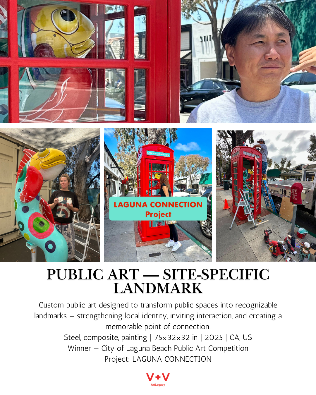Collection of images showcasing public art installations including colorful fish and seahorse sculptures, a red phone booth, and a person working on or installing the artwork, with a central banner reading 'LAGUNA CONNECTION Project' and a description of the public art project.