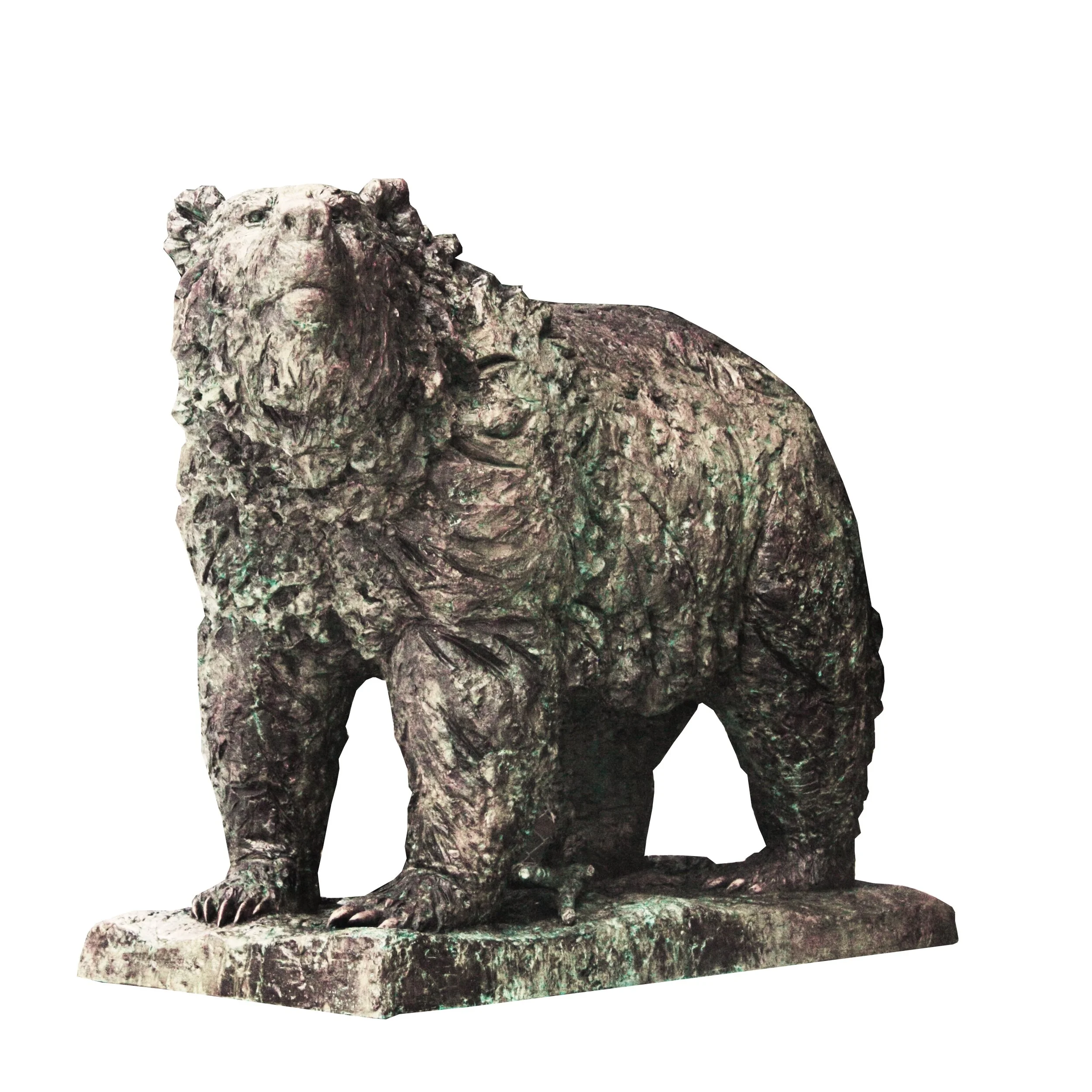 Close-up of a bronze lion sculpture with detailed mane, standing on a carved stone base.