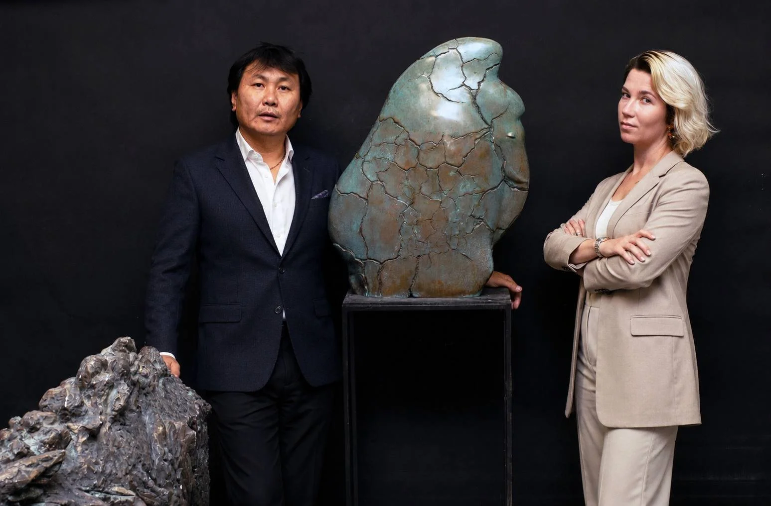 Vasilisa Lipatova and Viktor Erdyneev, founders of V+V ArtLegacy, at their Orange County sculpture studio serving Los Angeles clients