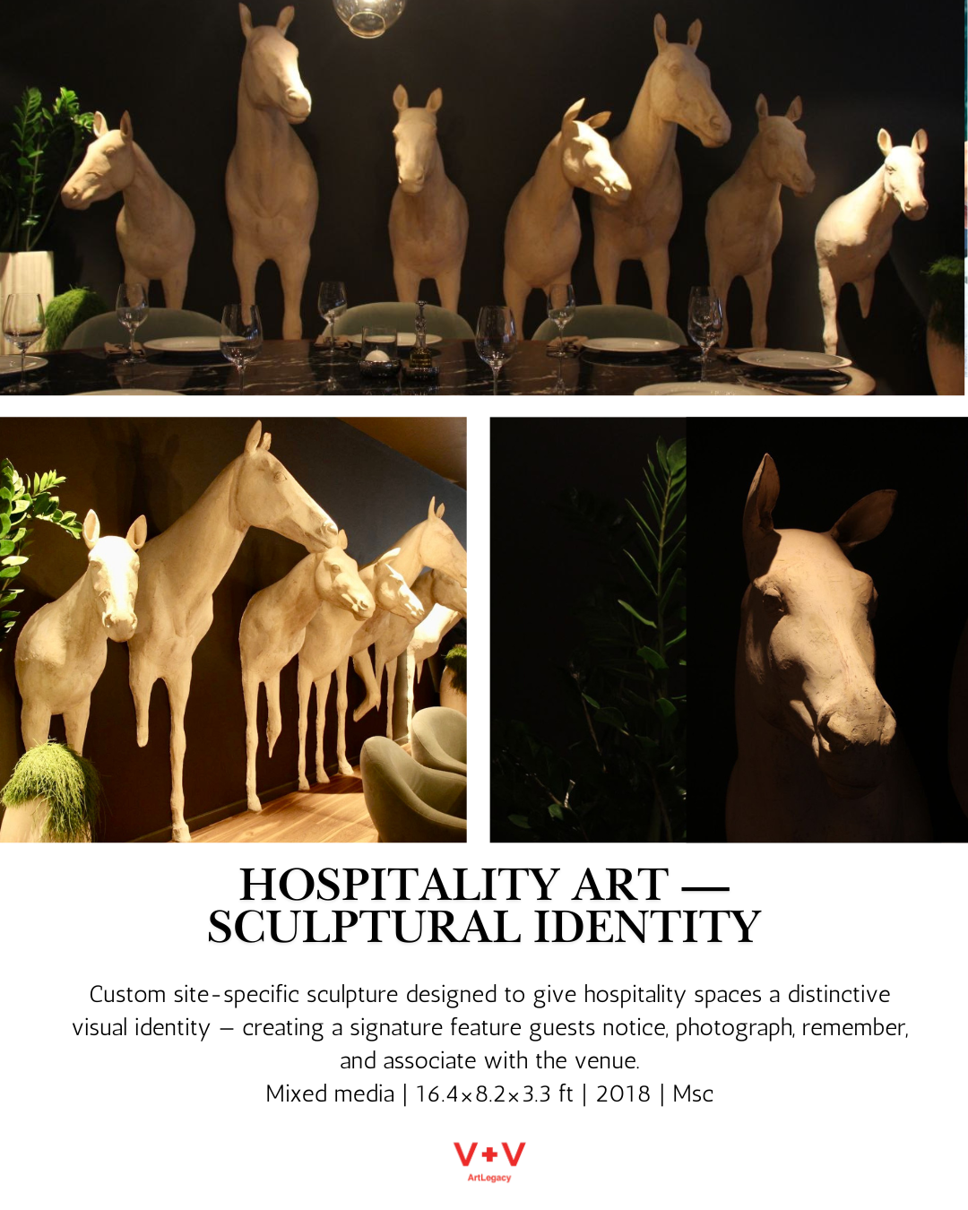 Collection of horse and donkey sculptures used as hospitality art in a dining or lounge area, depicting a scene with multiple animals arranged along the walls.