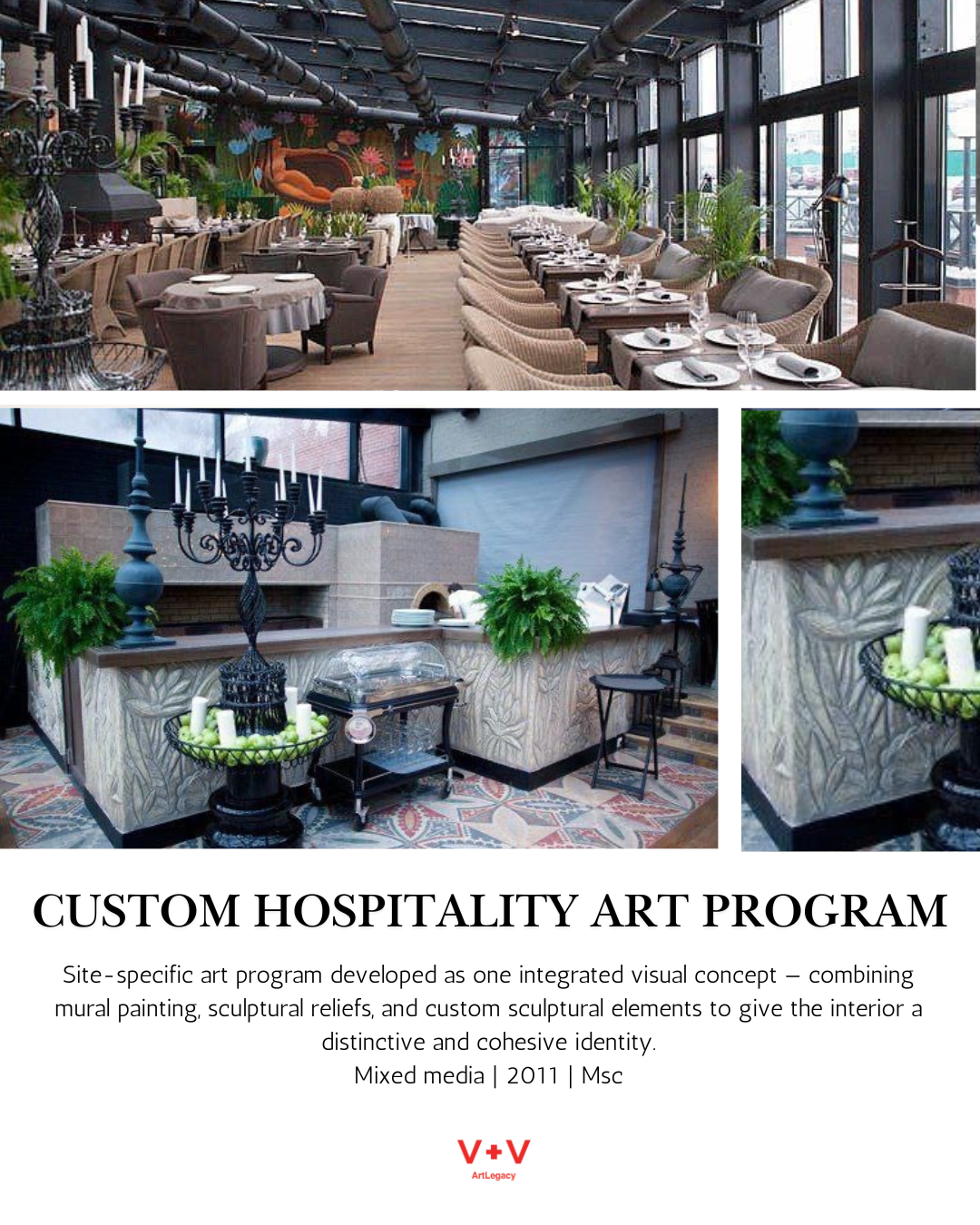 Poster for Custom Hospitality Art Program, featuring interior images of a restaurant or cafe with modern decor, green plants, and artistic wall designs. The text explains the art program integrating mural painting, sculptural reliefs, and custom sculptural elements to give interior a distinctive identity. The program date is 2011, by MSc, from ArtLegacy.