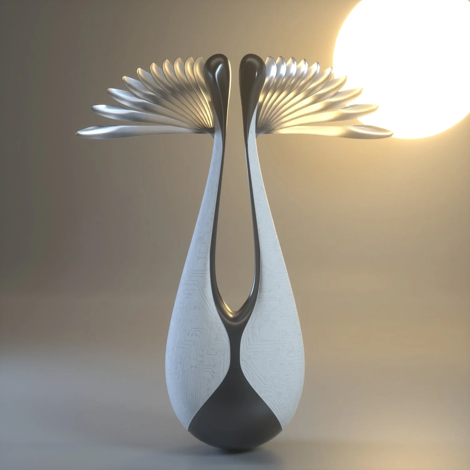 A modern metal sculpture of two birds with their heads touching, set against a neutral background with a bright light or sun in the upper right corner.