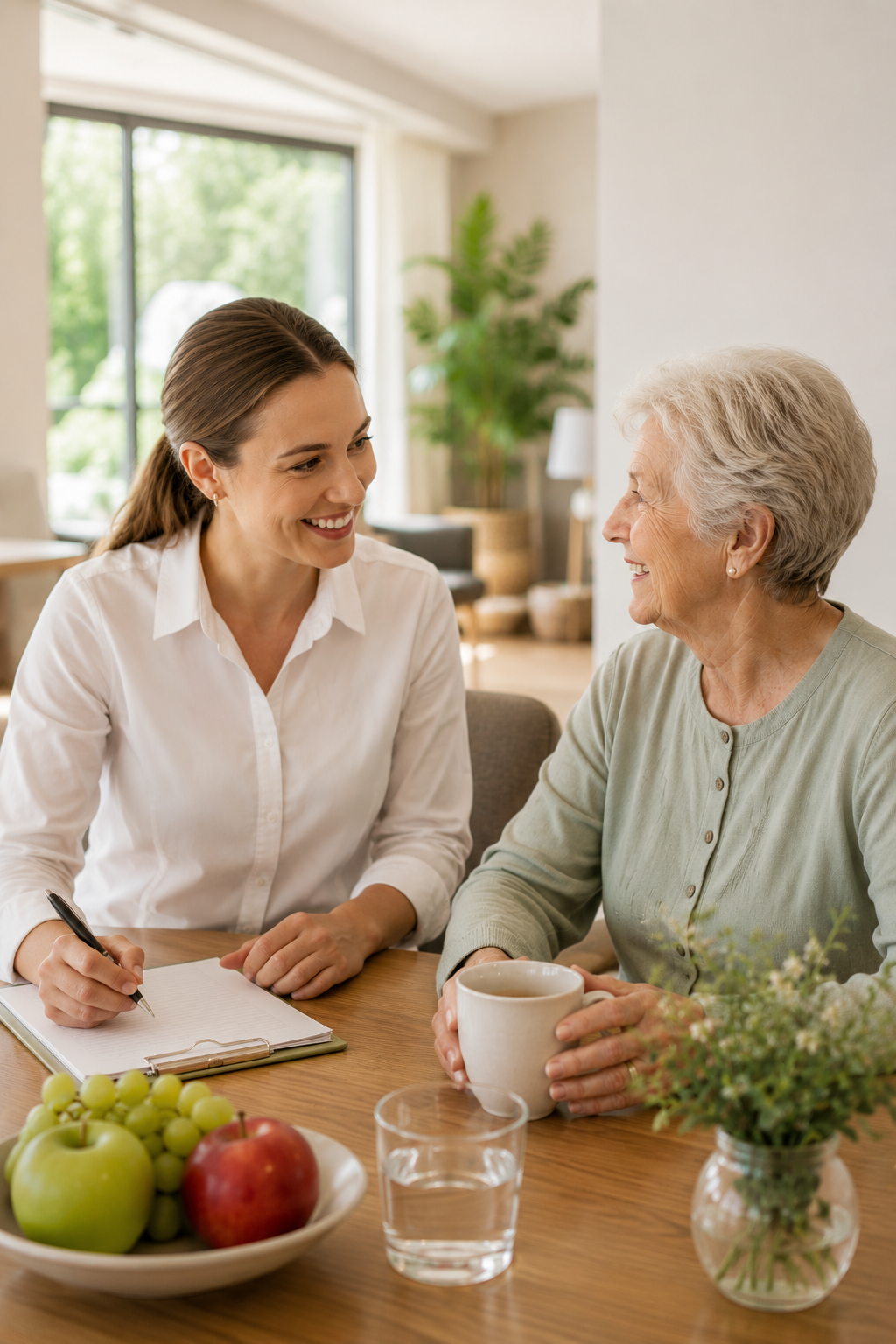 A young woman and an elderly woman share a conversation at a table, smiling and making eye contact. The table has a bowl of fruit, a glass of water, a mug, and a small vase with flowers. The background shows a bright room with large windows and indoor plants.