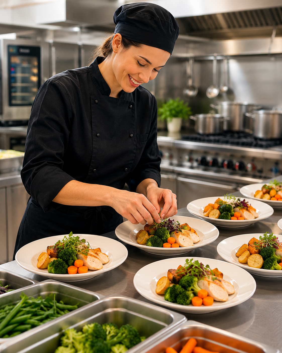 A chef garnishing plates of roast chicken with microgreens in a commercial kitchen.