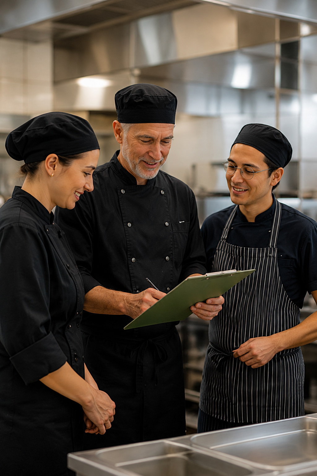 Three chefs in black uniforms and hats smiling and reviewing a clipboard in a professional kitchen.