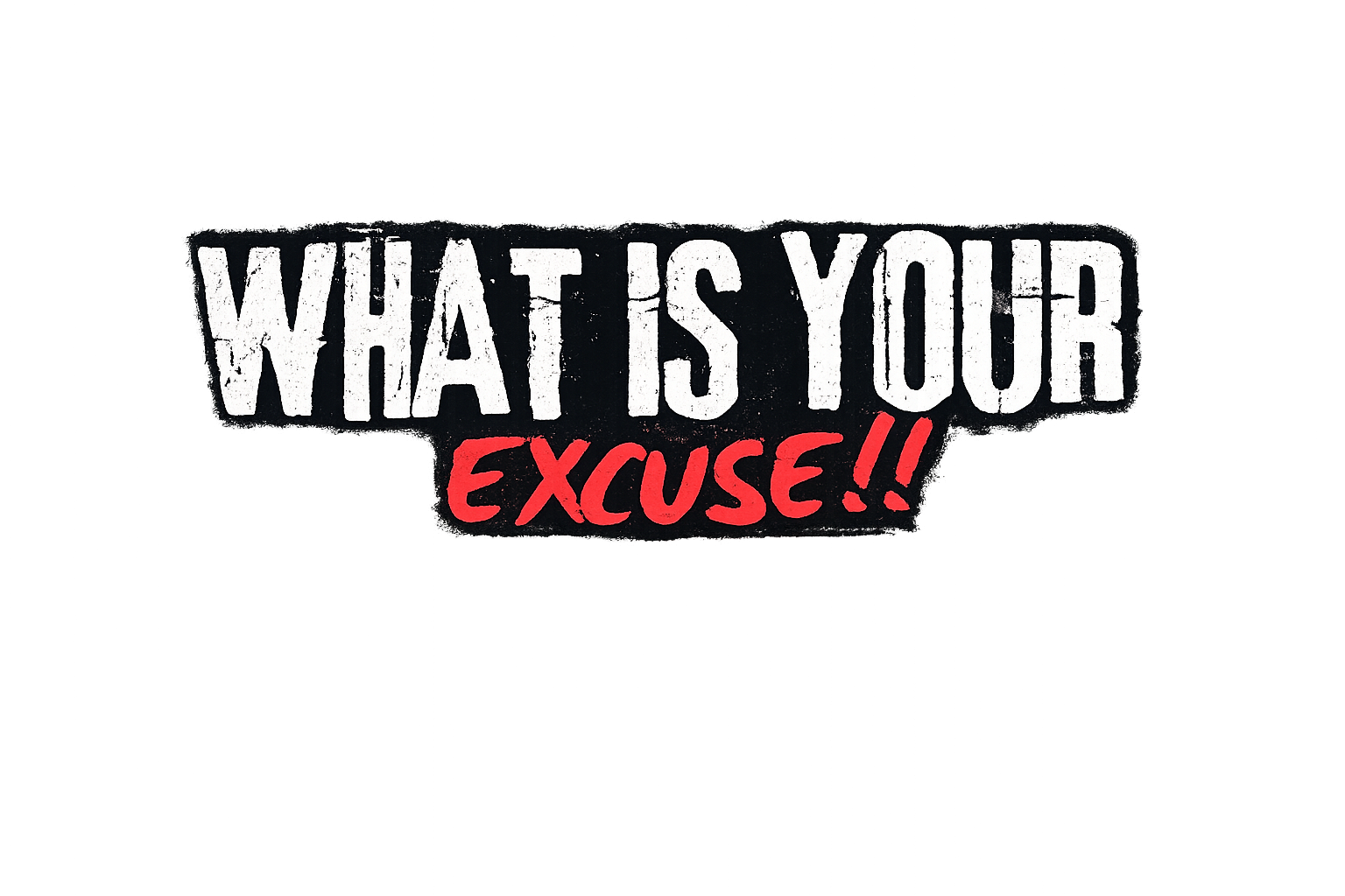 Text graphic with the phrase "WHAT IS YOUR EXCUSE!!" in bold, distressed white letters on a black background, with the word "EXCUSE!!" in red, handwritten-style font.